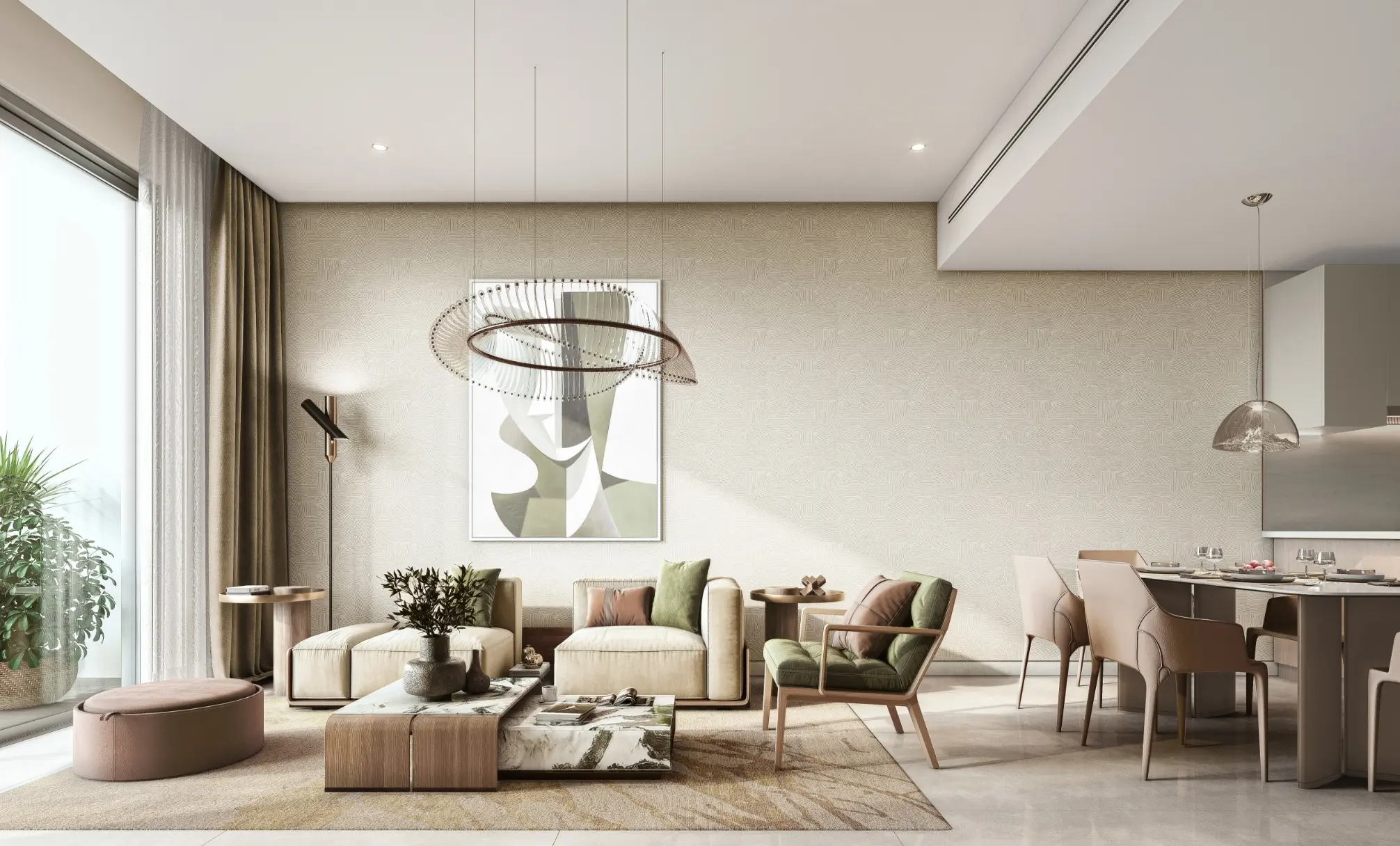 Render of a living room with a cream sofa, green armchairs and a dining table beside a full-height window