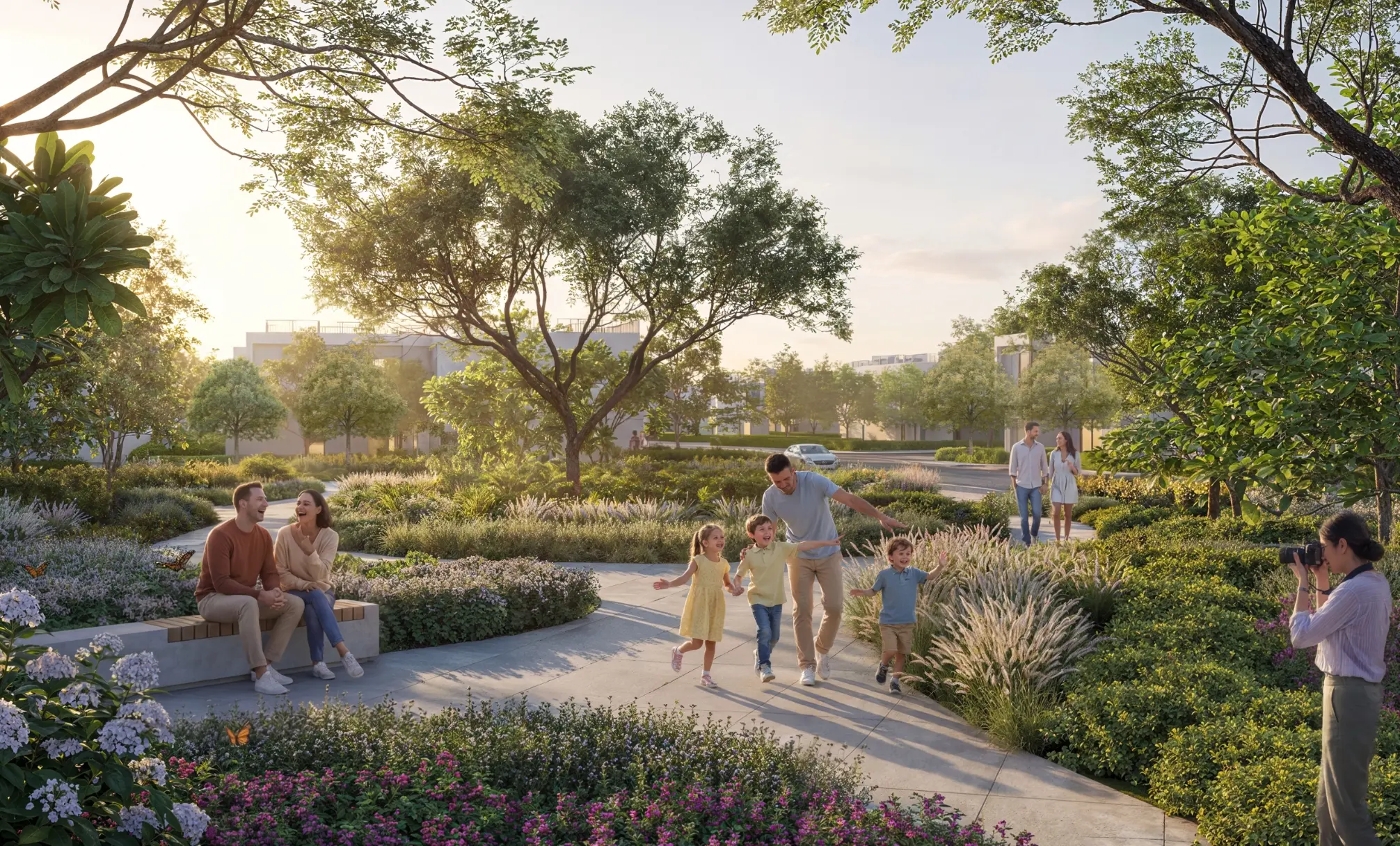 Render of a couple on a bench and a family walking a path between flowering garden beds