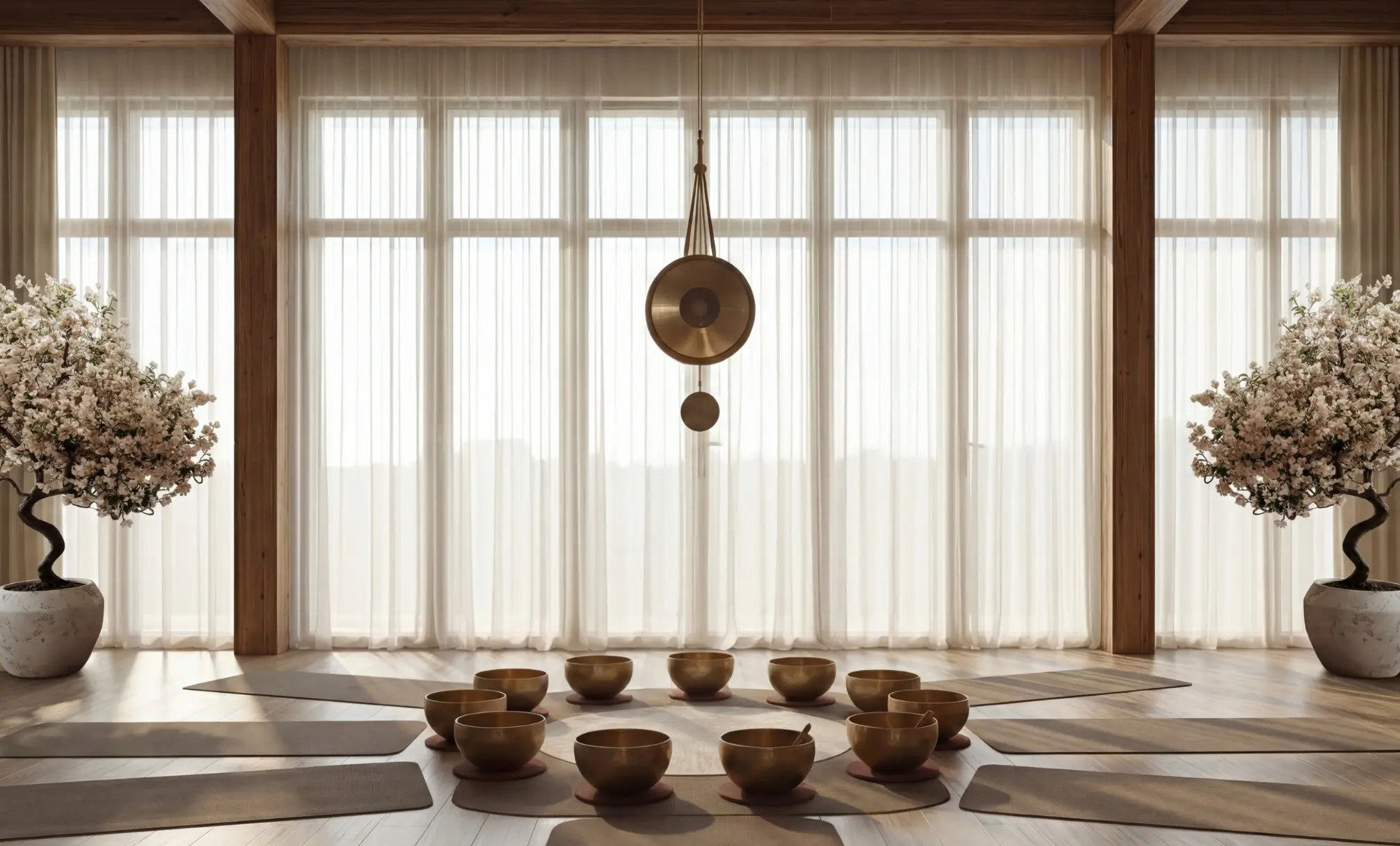 Render of a meditation room with brass singing bowls on yoga mats in front of tall curtained windows