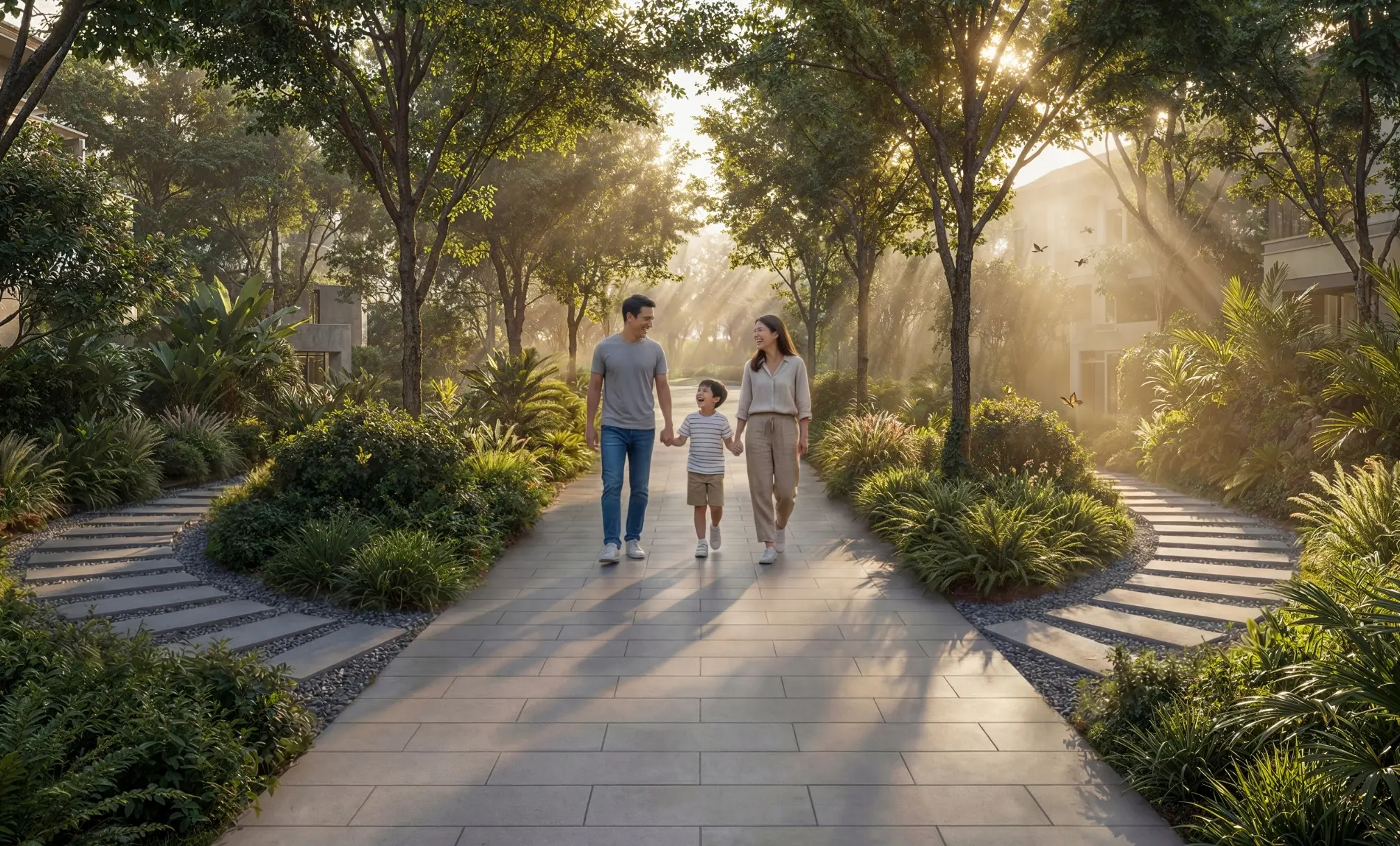 Render of a family walking hand in hand along a paved path through shaded woodland planting