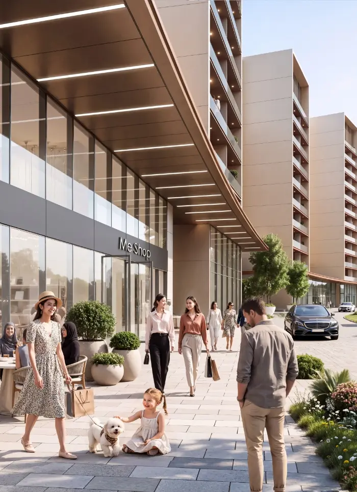 Render of shoppers and a dog on a paved street outside ground-floor shops beneath the apartment blocks
