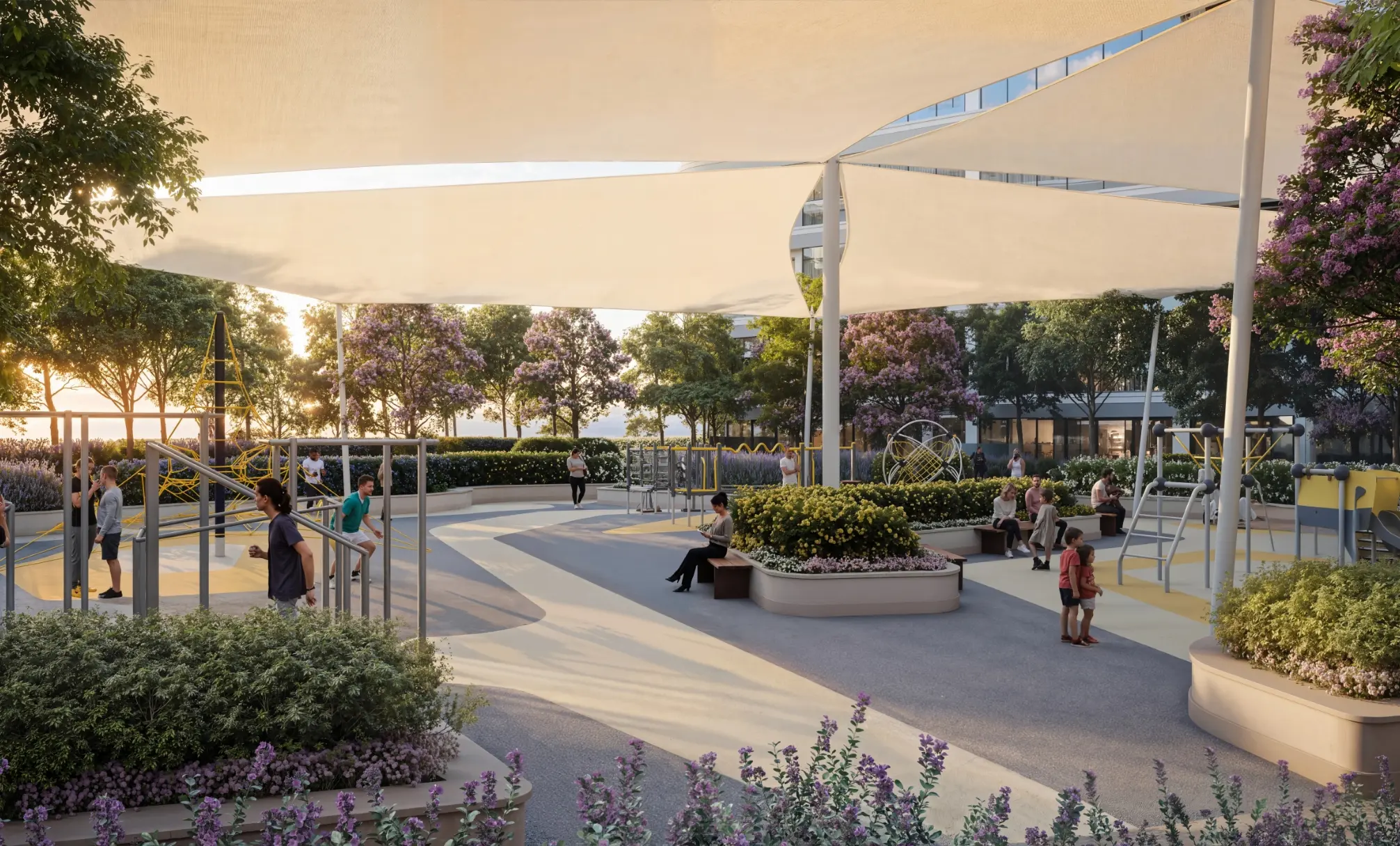 Render of a children's play area with climbing frames and benches under white shade sails