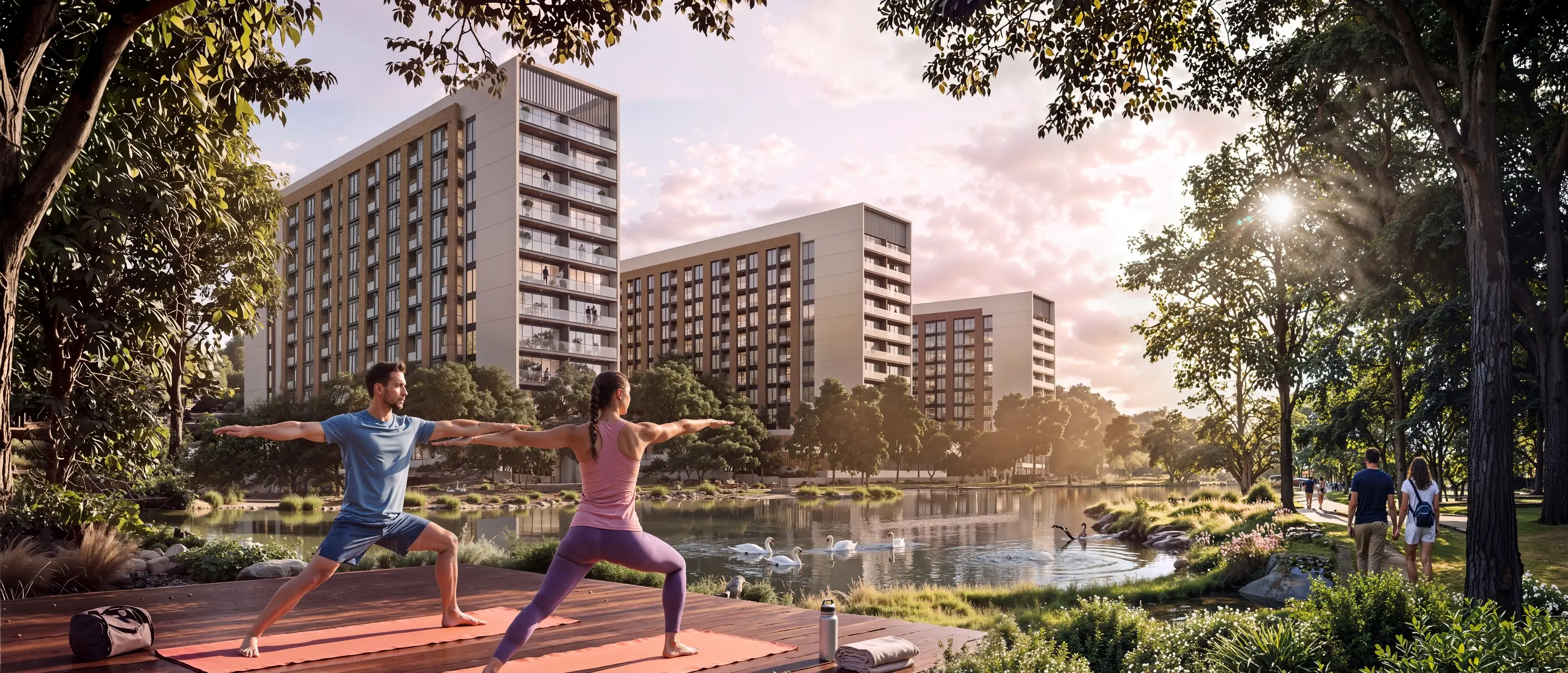 Sobha's render of The Woods' three apartment blocks across a lake with swans, two people doing yoga on a deck in front
