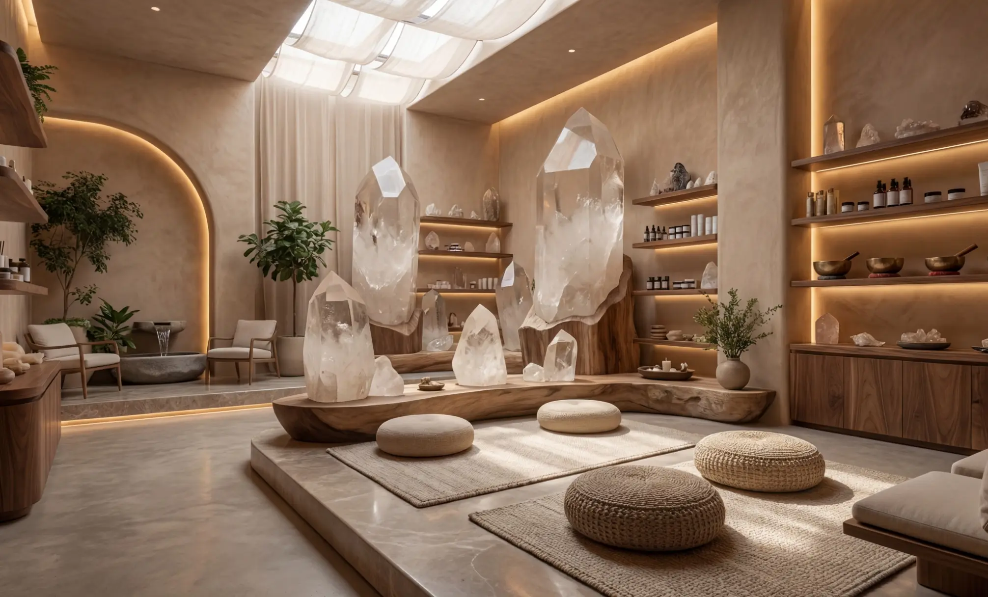 Render of a wellness lounge with large quartz crystals, floor cushions and lit wooden shelves under a skylight