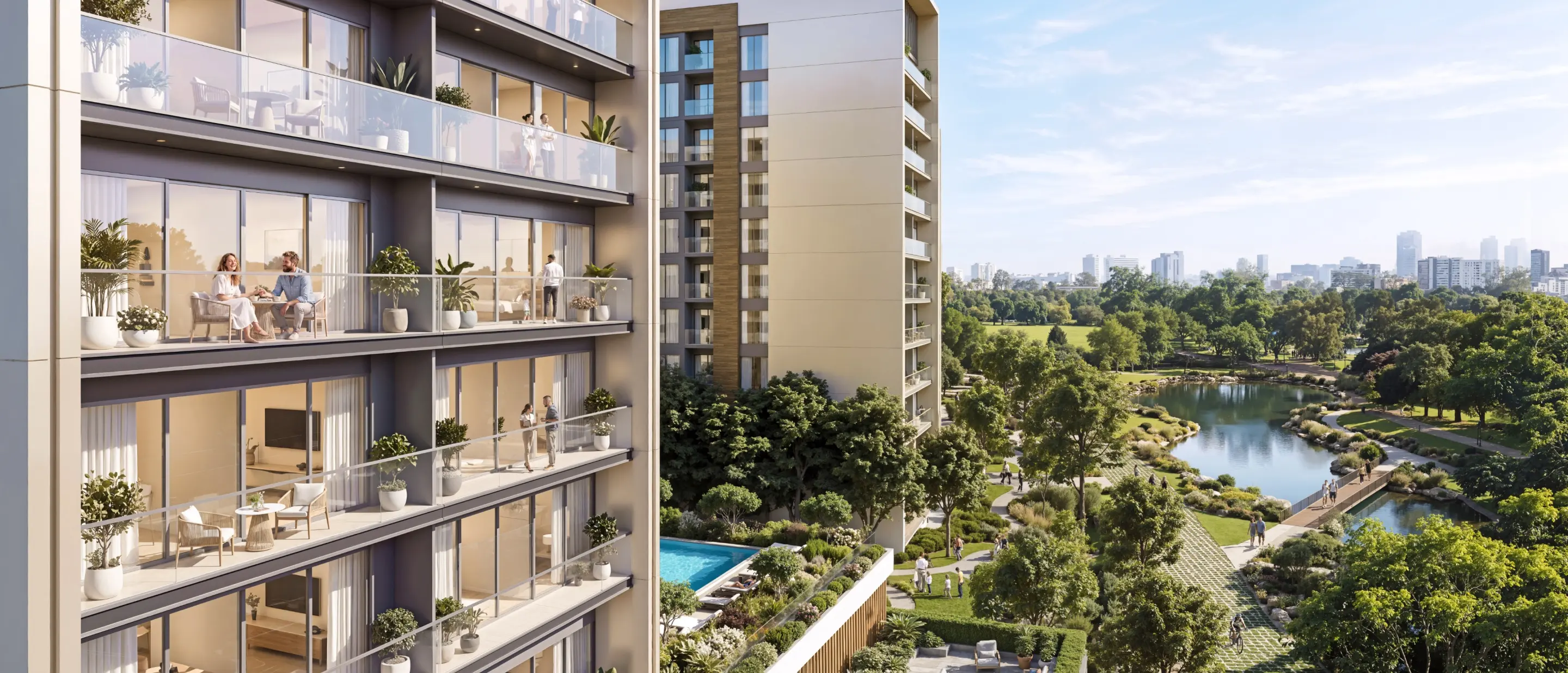 Sobha's render of apartment balconies at The Woods looking over a park with a lake, a pool and footpaths