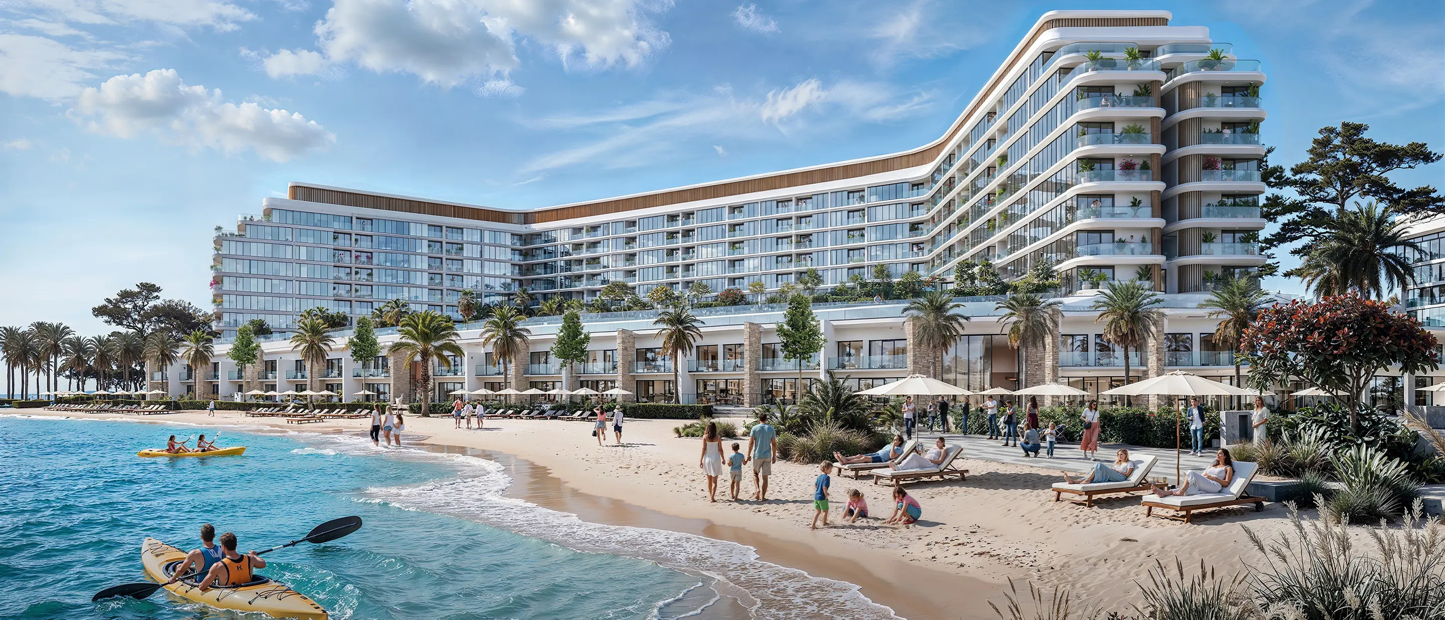 Render of Tranquil's long, curving apartment block above a low colonnaded building and a beach, with kayakers on the water