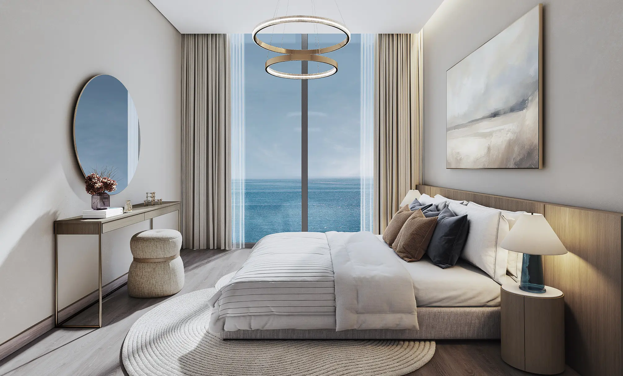 Render of a bedroom with a full-height window onto the sea, a ring pendant light and a dressing table with a round mirror
