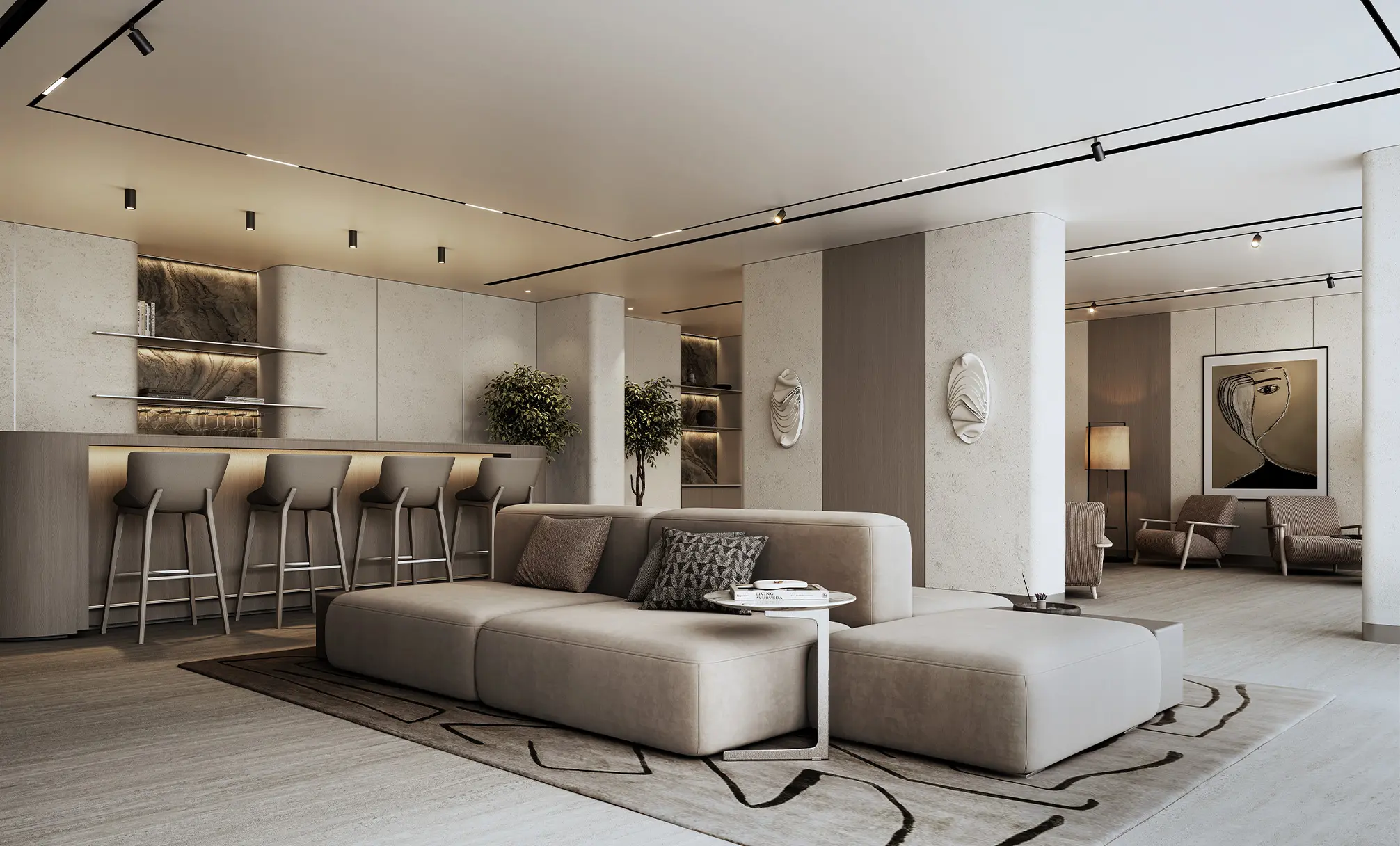 Render of a residents' lounge with a long sofa, a counter with bar stools and backlit shelving