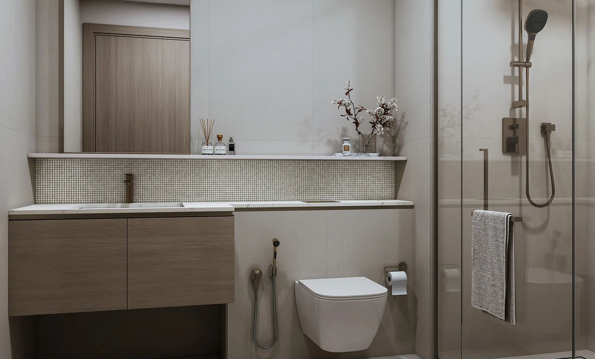 Render of a bathroom with a glass shower, a wall-hung WC and a timber vanity below a long mirror