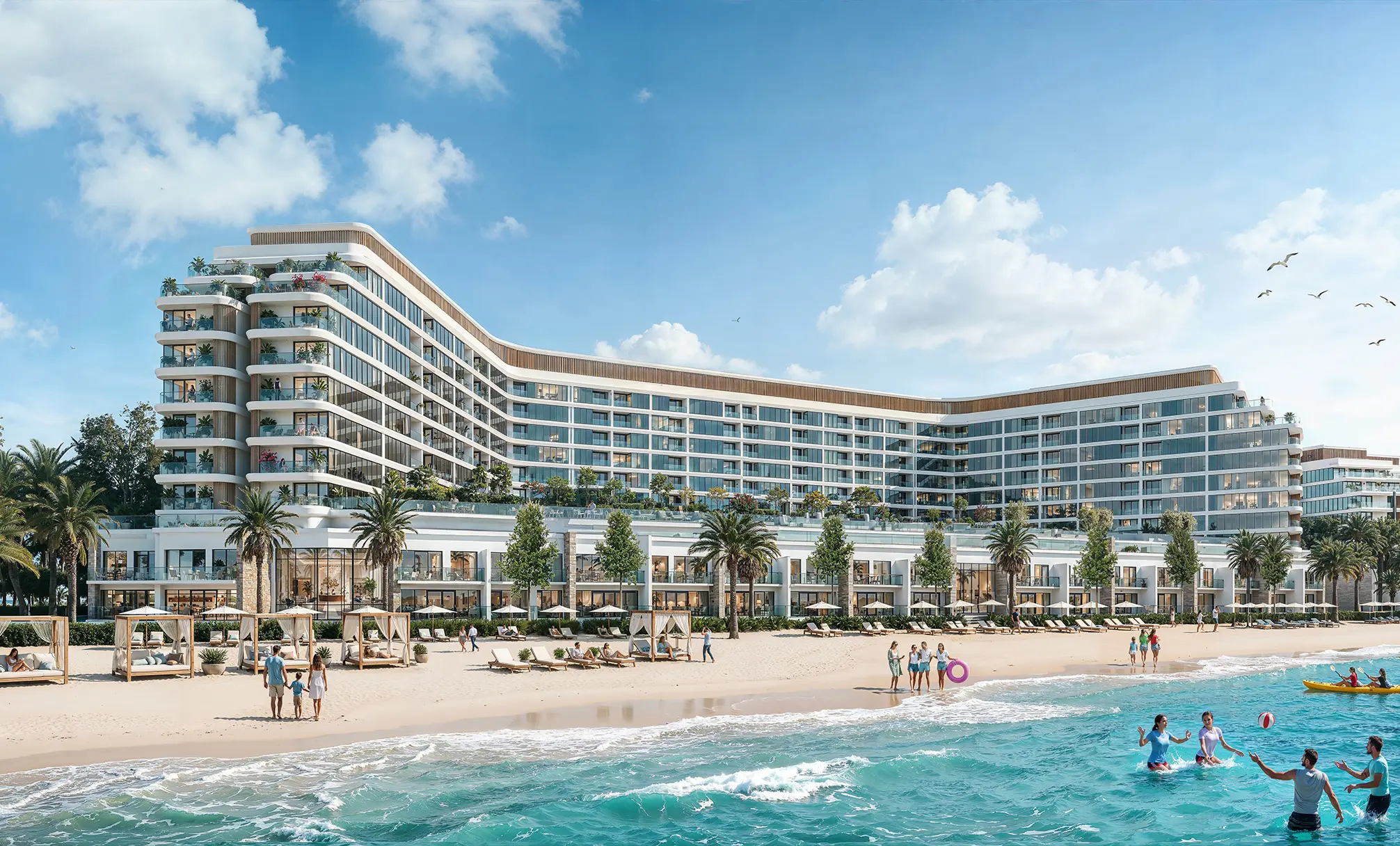 Render of the curving block from the water, with sun loungers, cabanas and swimmers on the beach in front