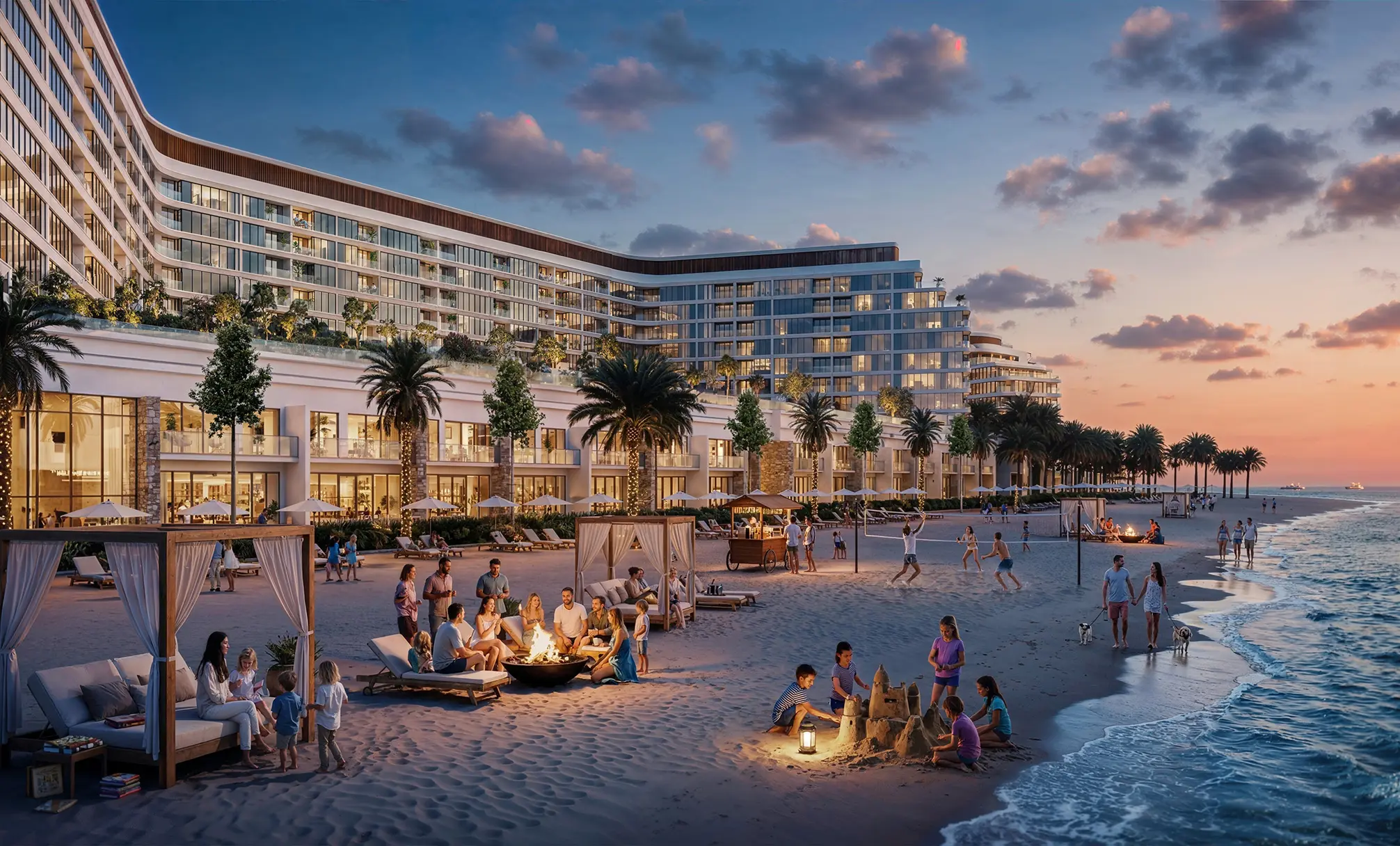 Render of the beach at dusk, with families round fire pits and cabanas below the lit apartment block
