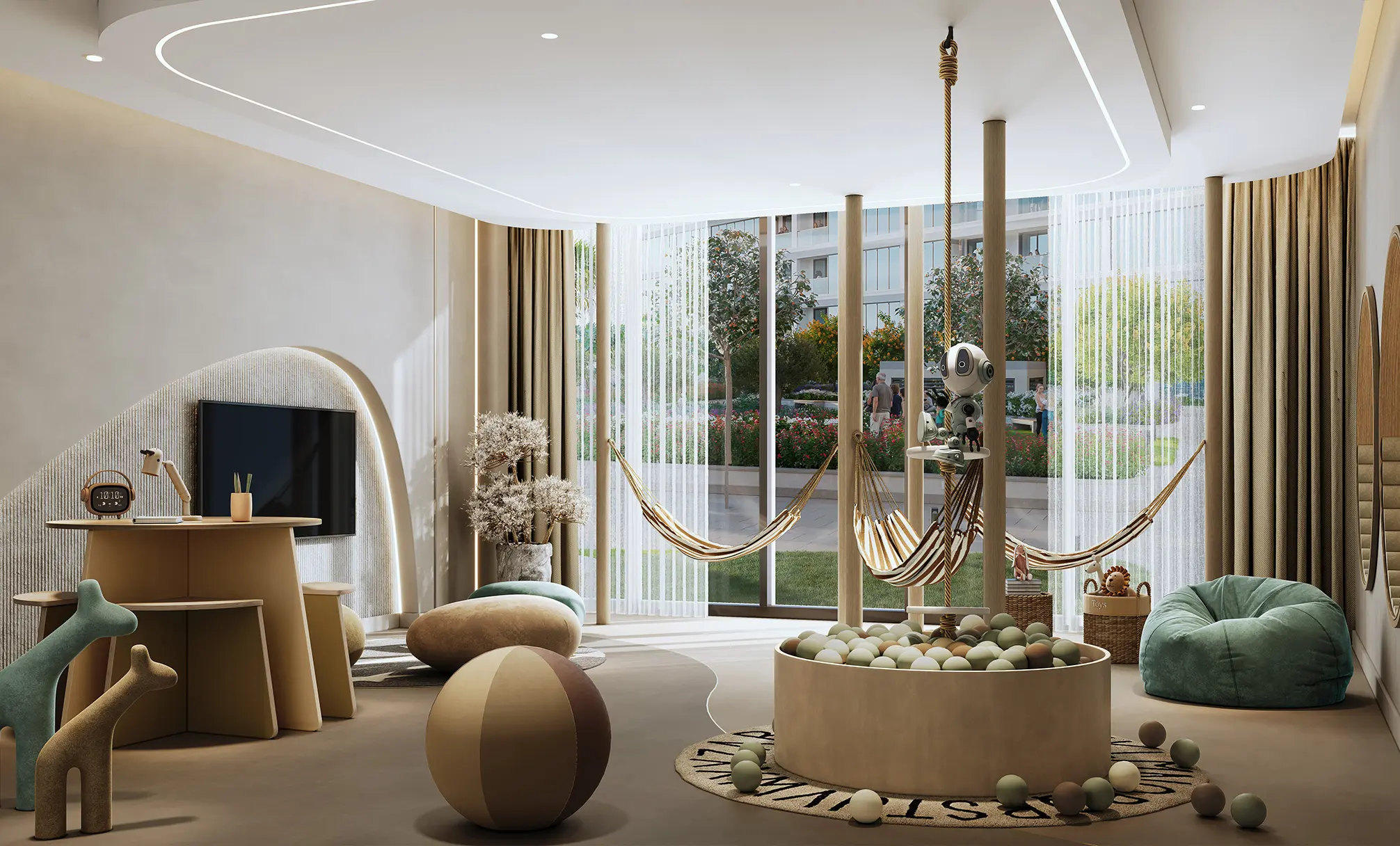 Render of a children's playroom with rope hammocks, a ball pit, bean bags and animal-shaped seats by a glass wall