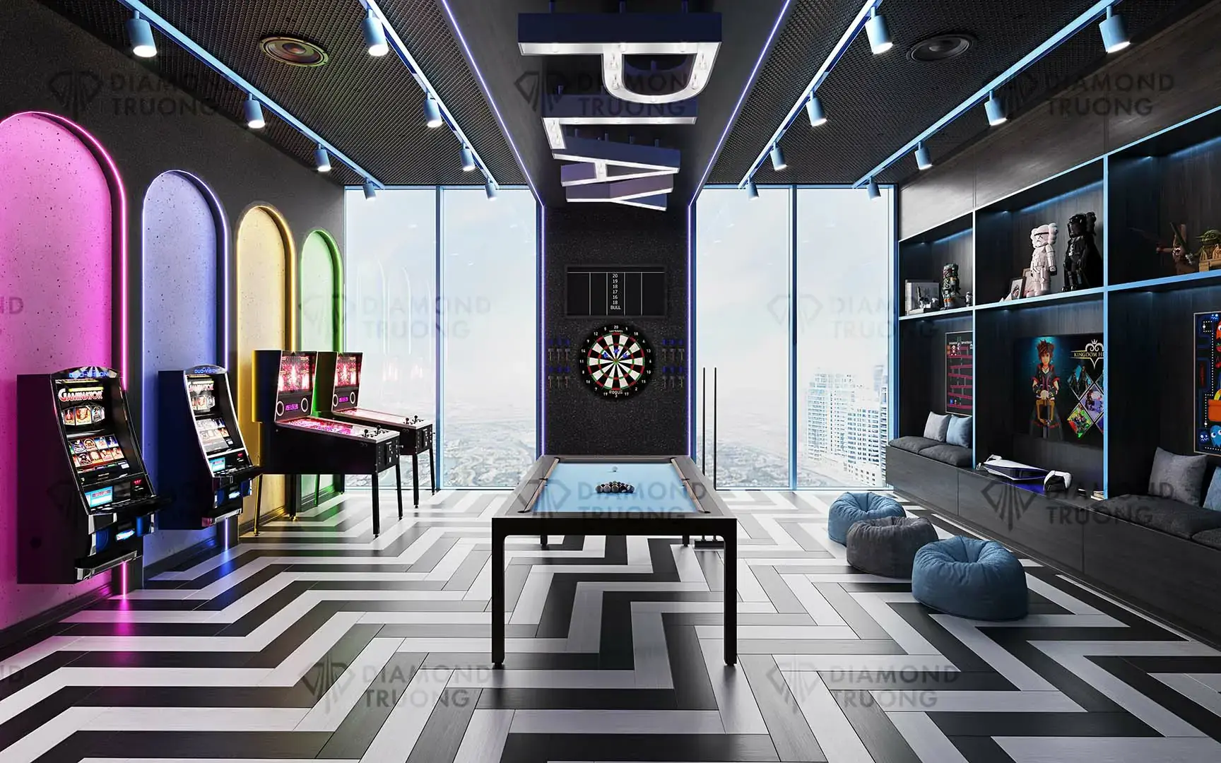 Arcade room with game cabinets, pinball, a dartboard and a neon "Play" sign