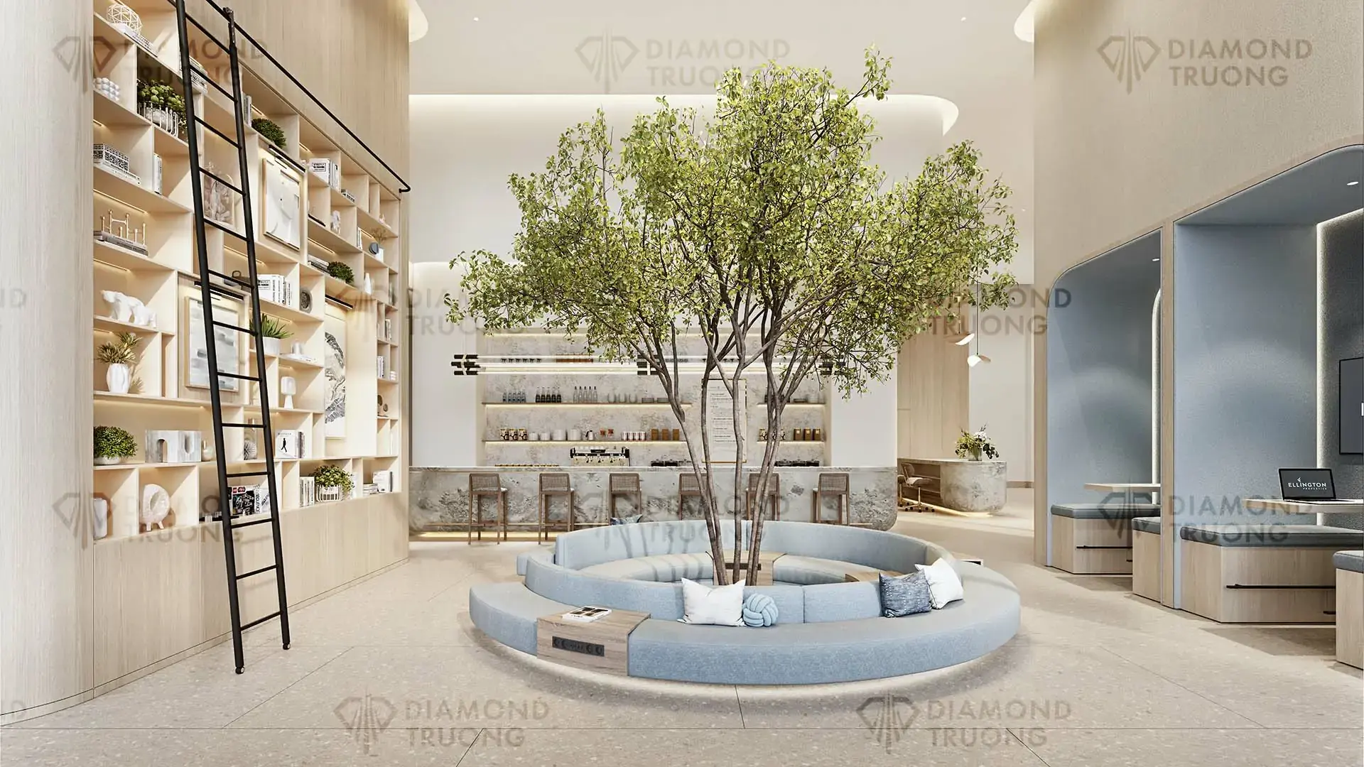 Lounge with a tree in a round bench, a library wall with a ladder and work booths