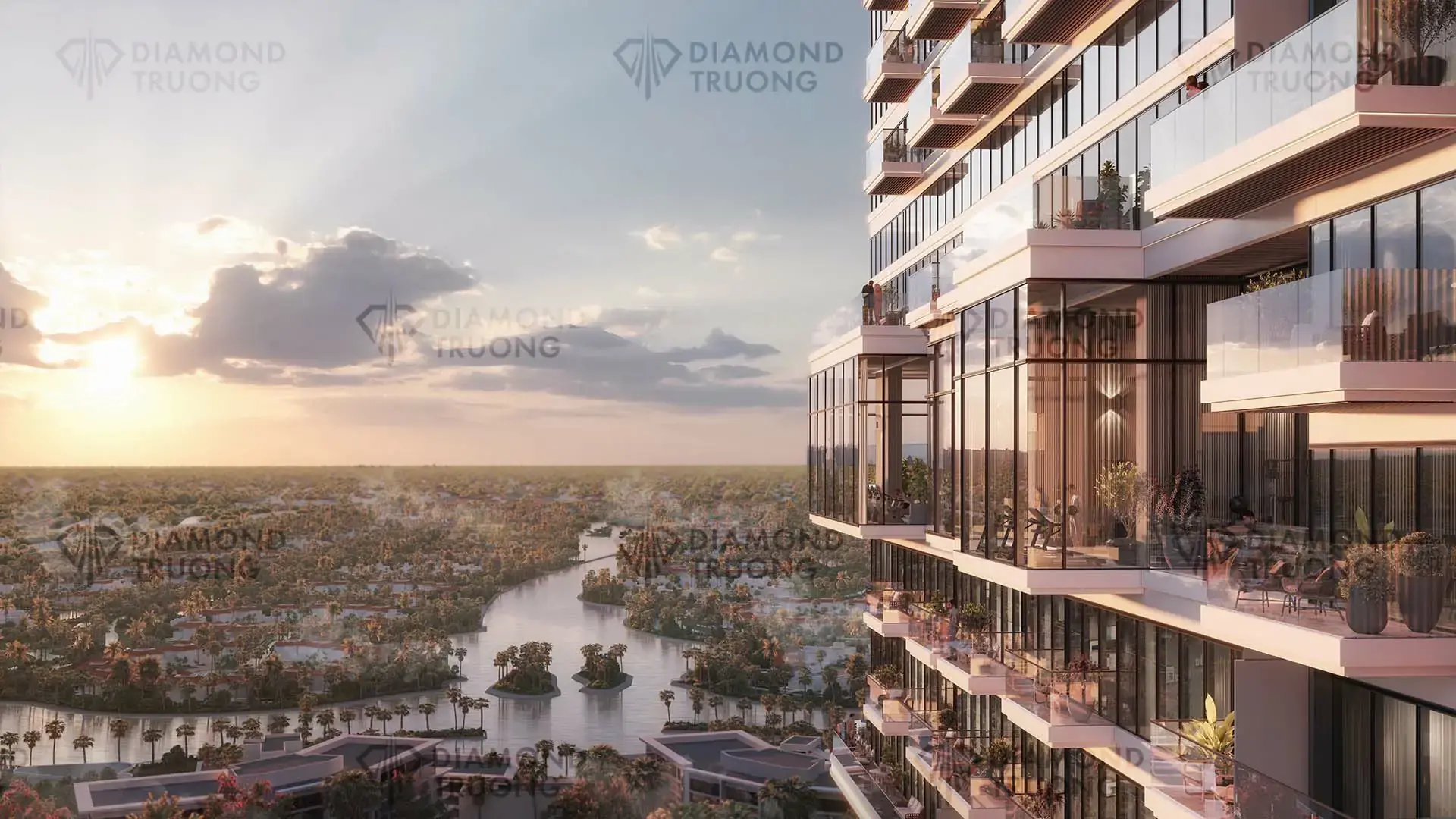 View from the balconies over the lakes of Jumeirah Islands at sunset
