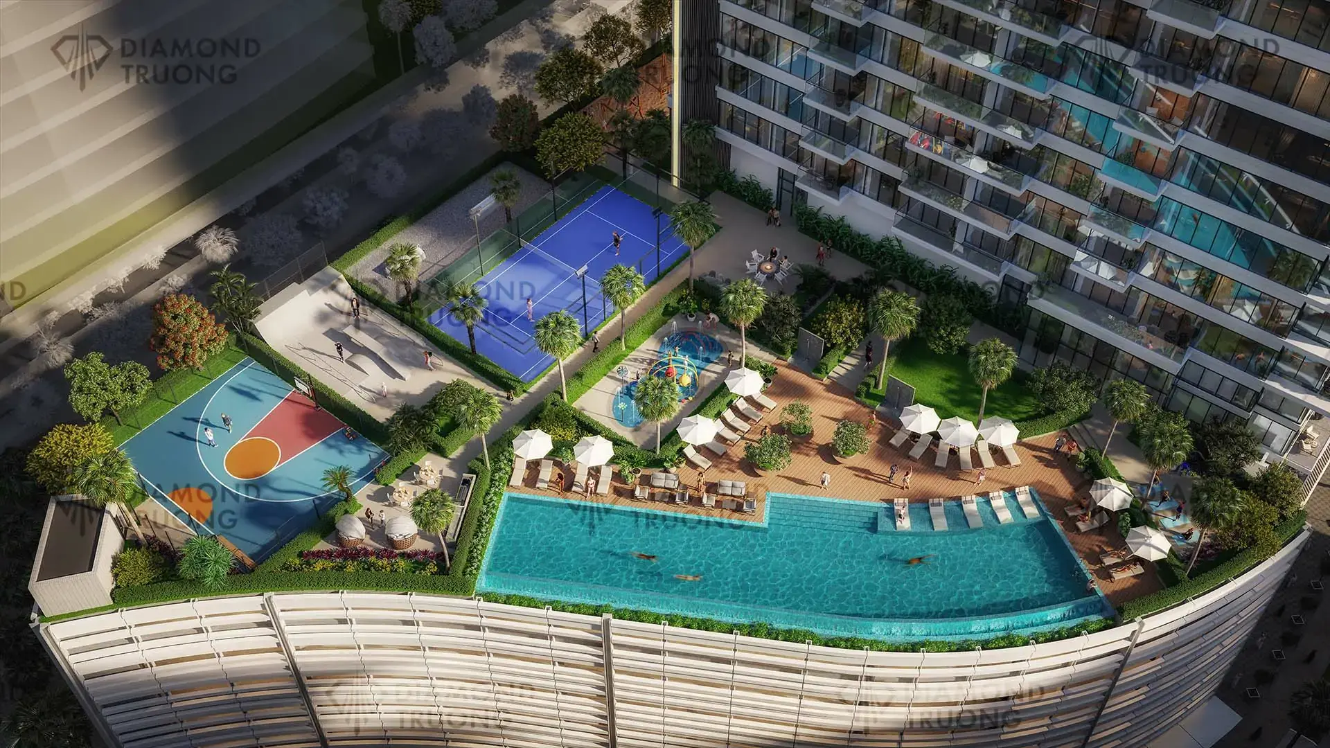 Aerial view of the podium deck with a pool, loungers, padel courts and a basketball court