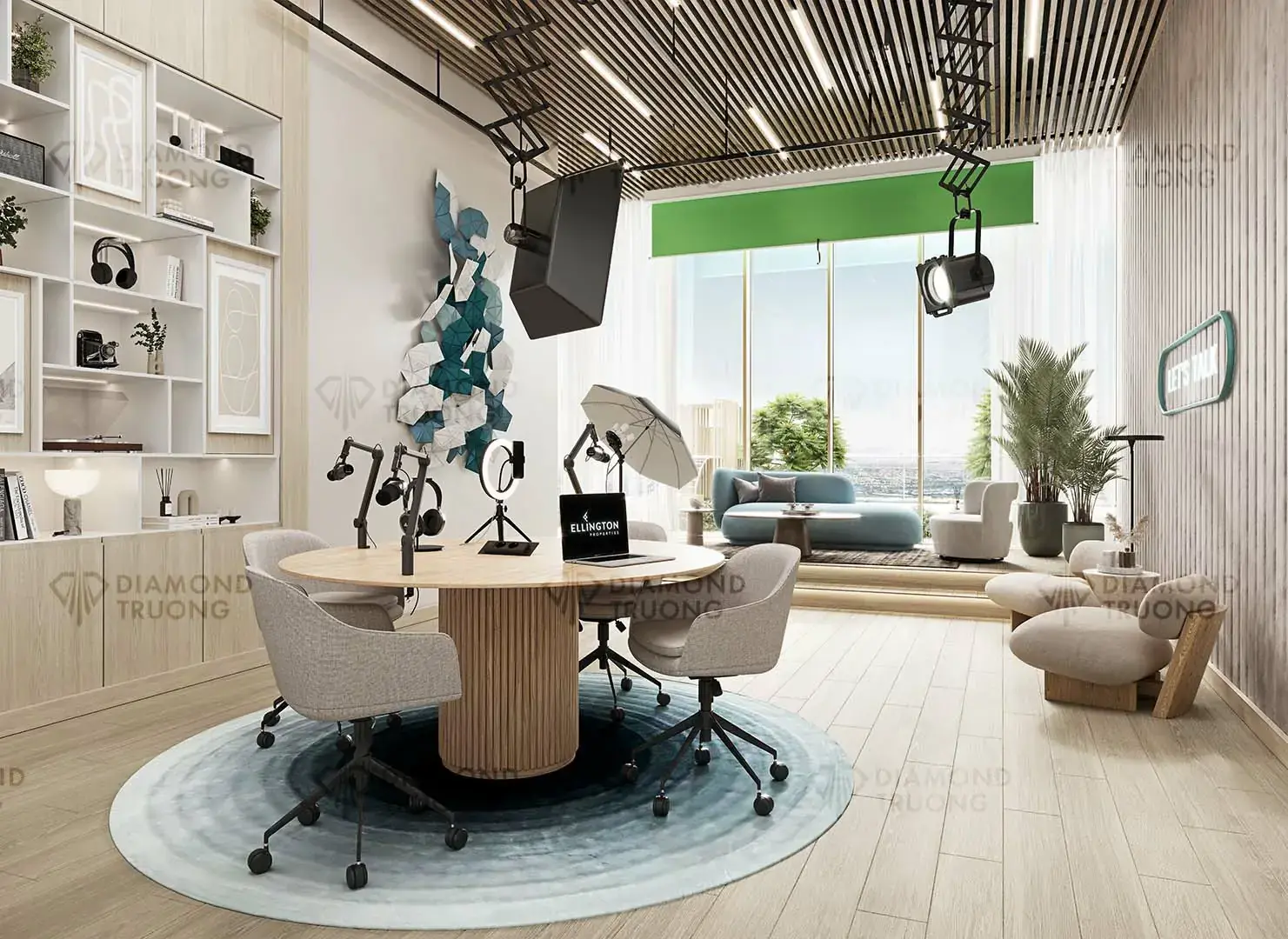 Podcast room with microphones round a table, studio lights and a green screen