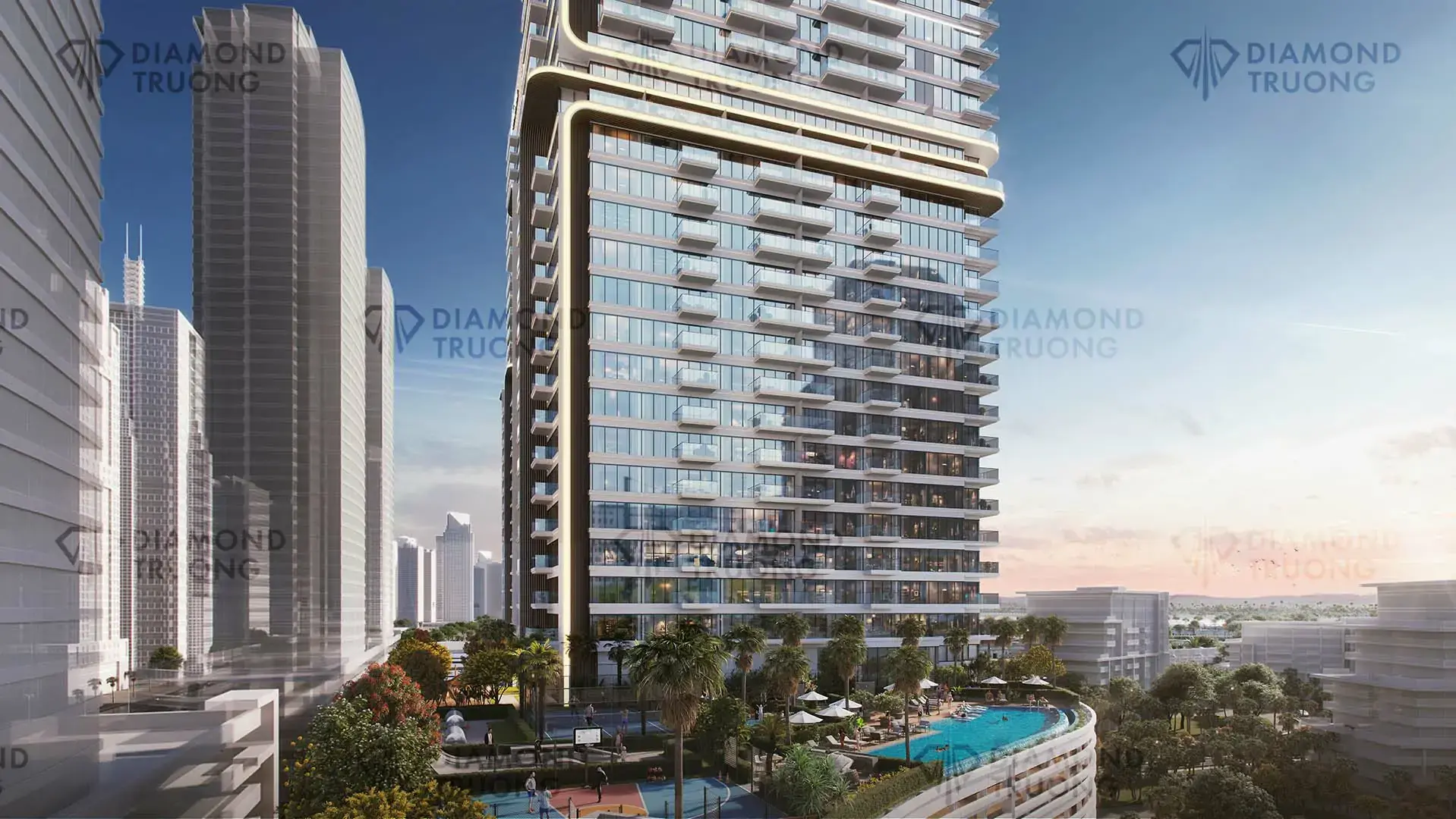 UH tower rising above the podium pool deck, with JLT towers to the left