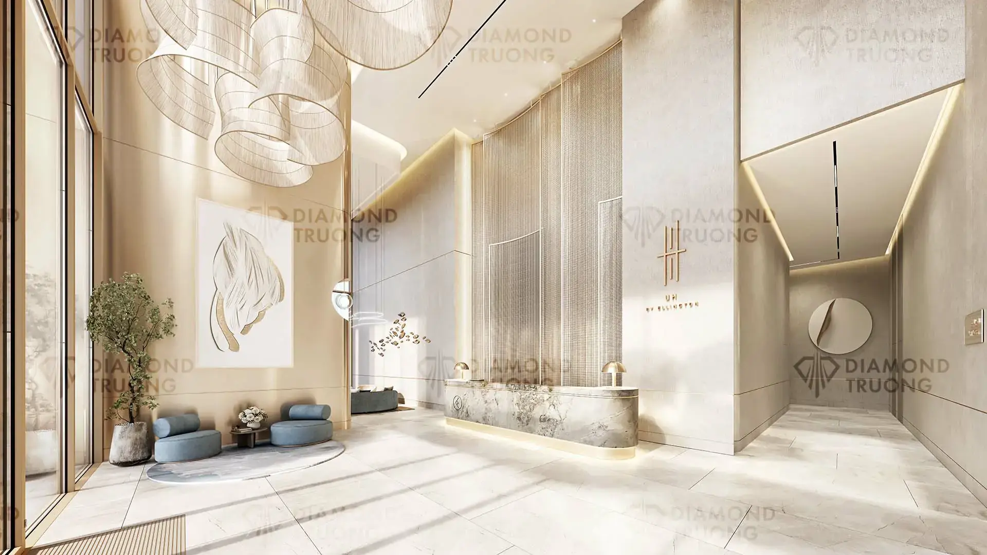 Double-height reception with a stone desk, sculpted pendant lights and the UH logo