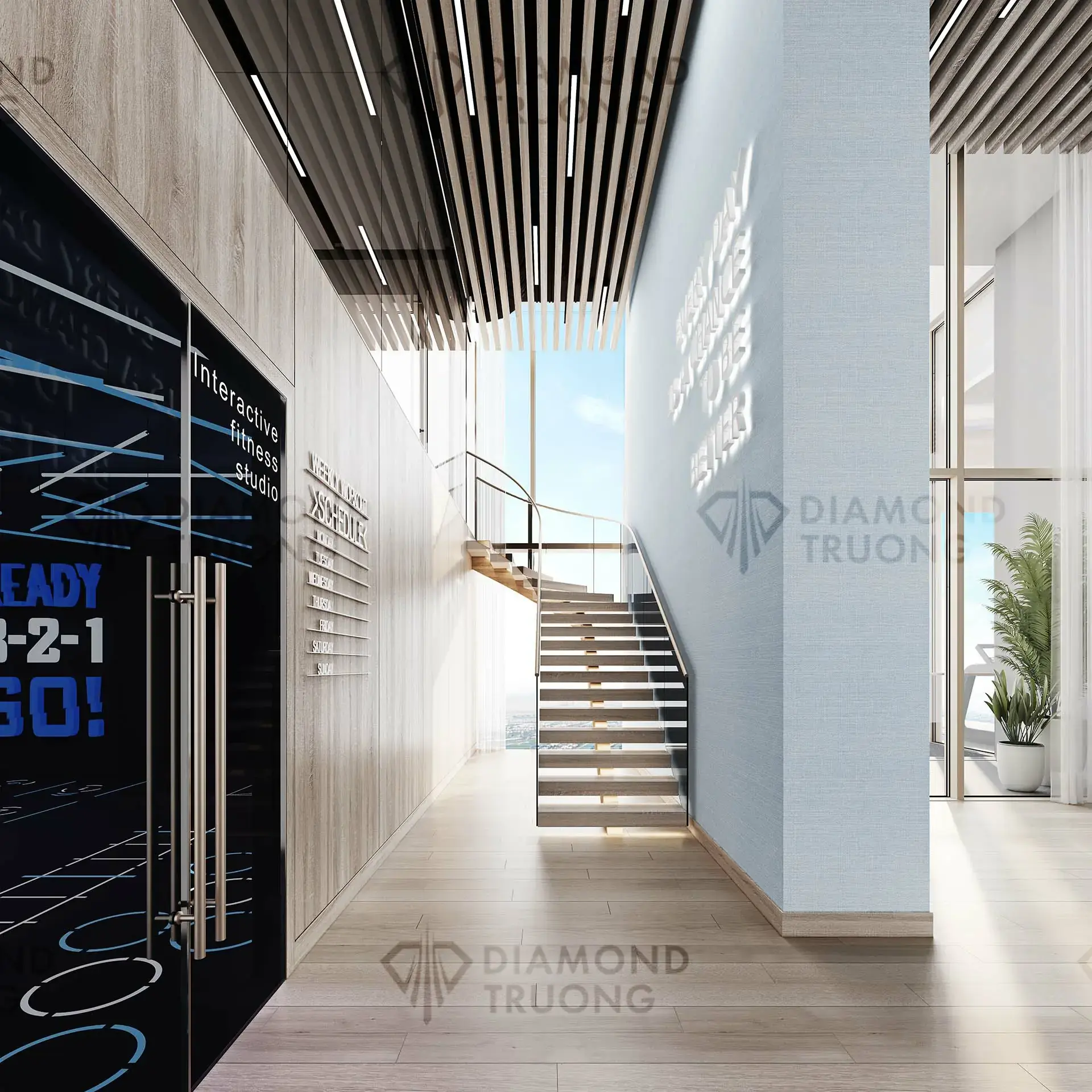 Staircase beside the glass door of the interactive fitness room