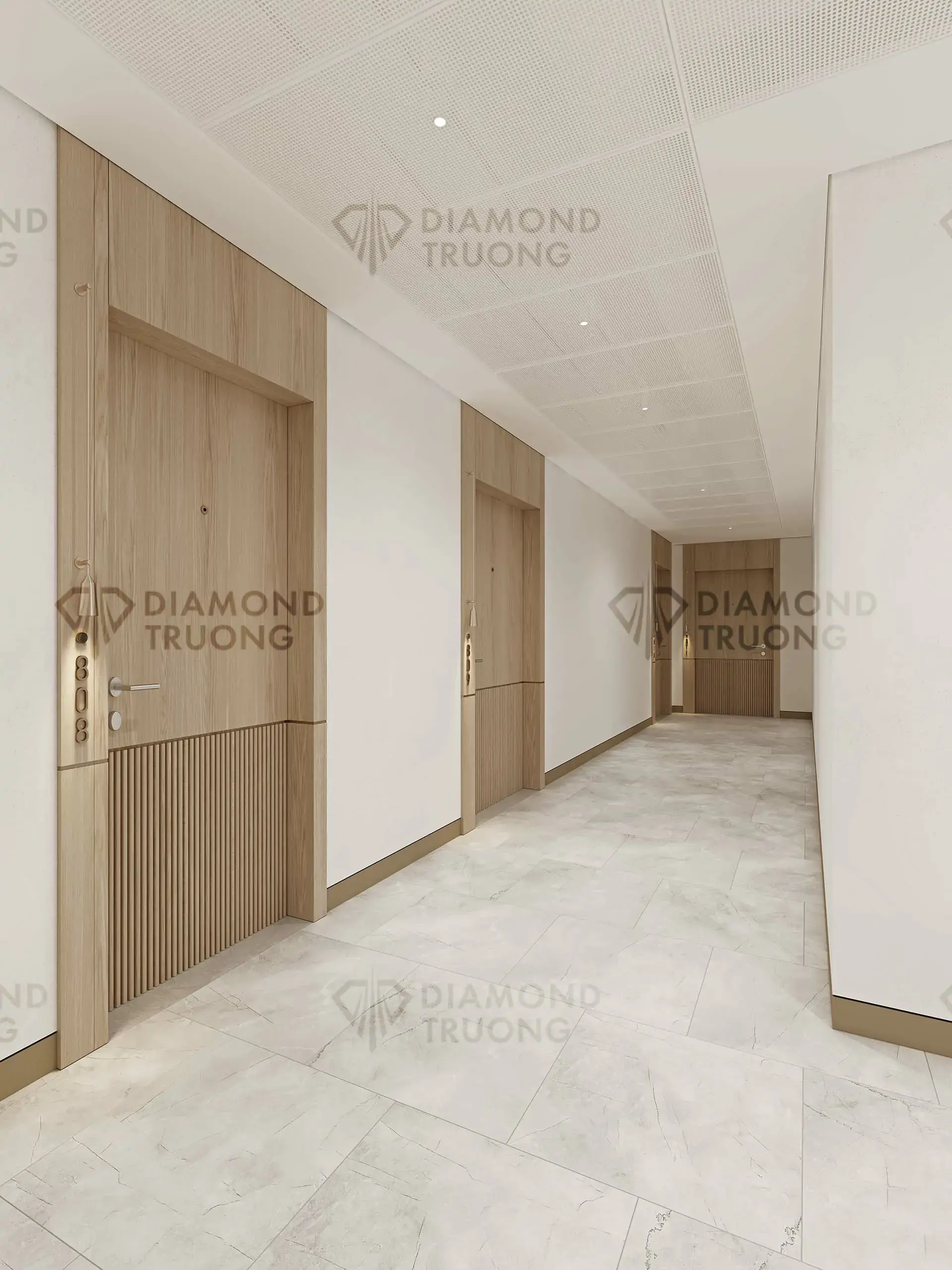 Residential corridor with timber-framed apartment doors