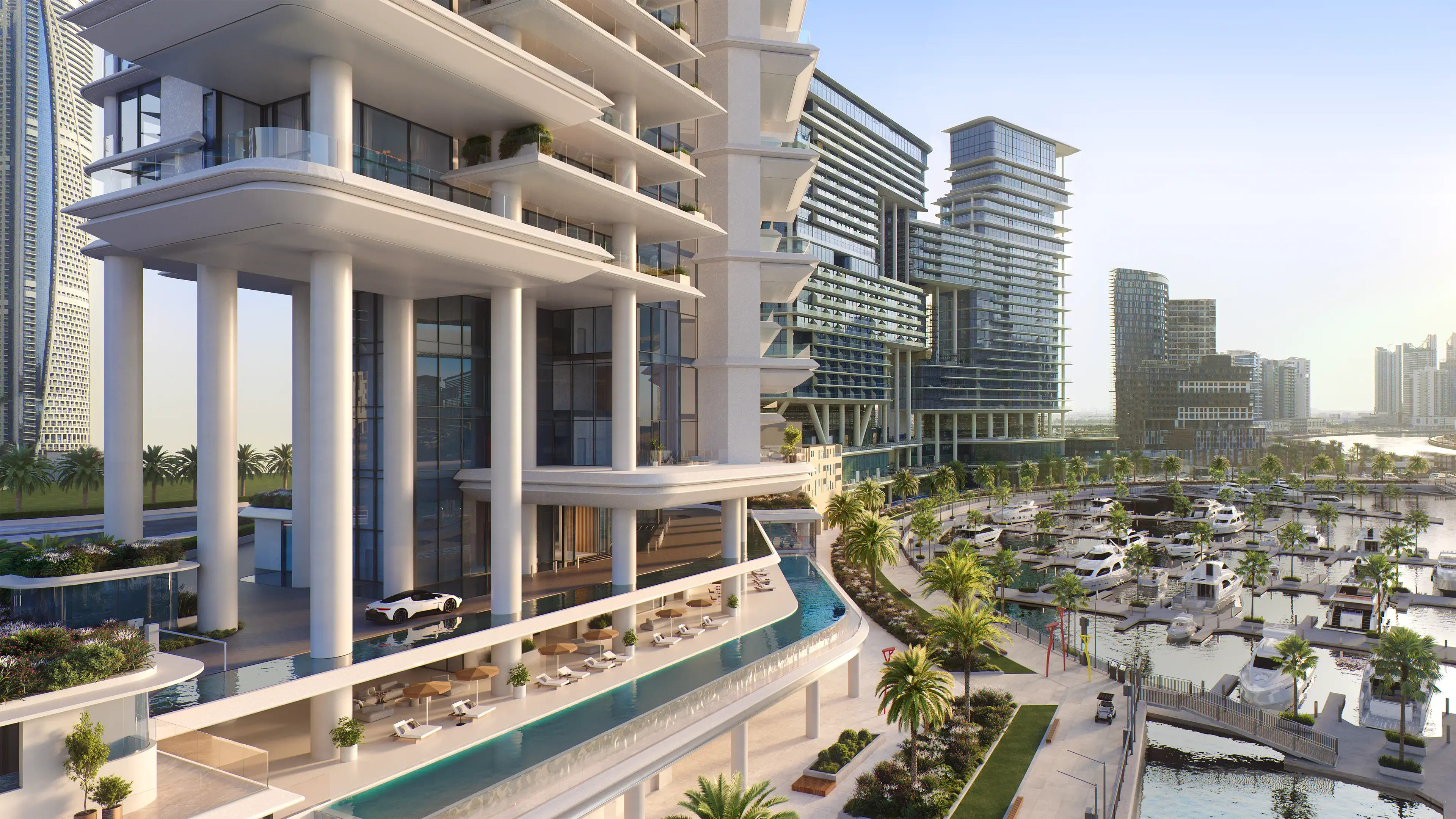 Render of Vela's base: tall columns, a lap pool along the podium edge and the marina beside the promenade