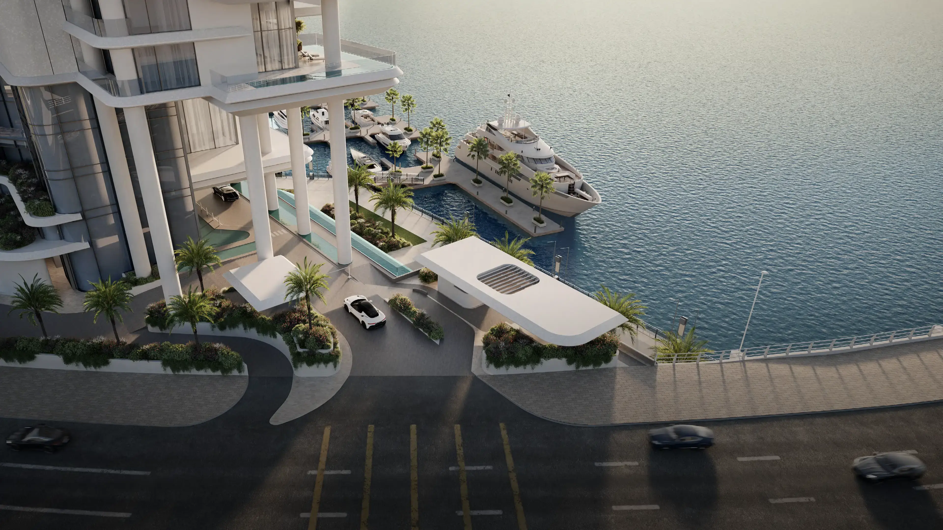 Aerial render of Vela's drive-up entrance by the water, with a white canopy, palms and a yacht at a berth