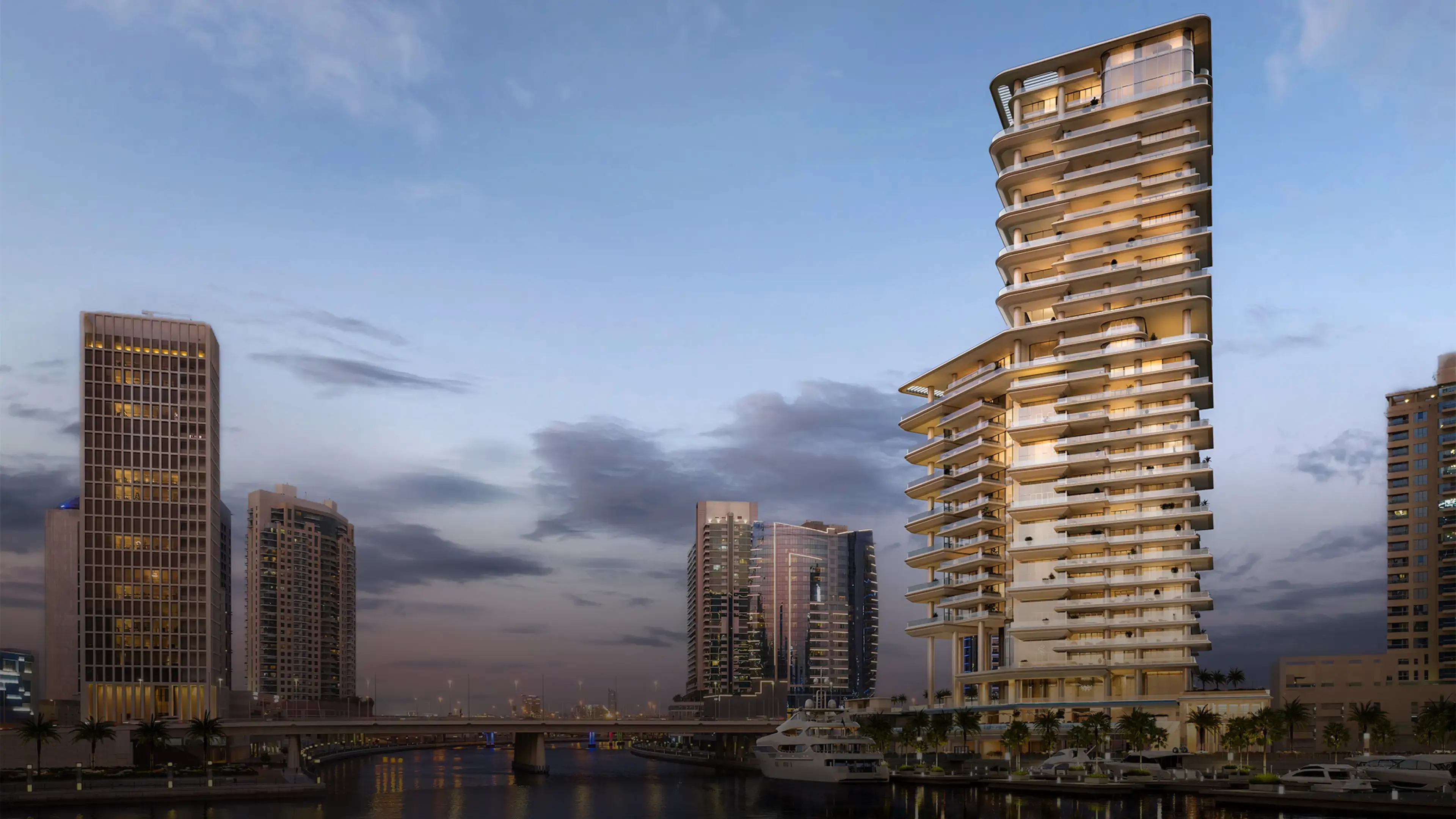 Render of the Vela tower at dusk on Marasi Bay, a yacht moored at its foot and Business Bay towers around it
