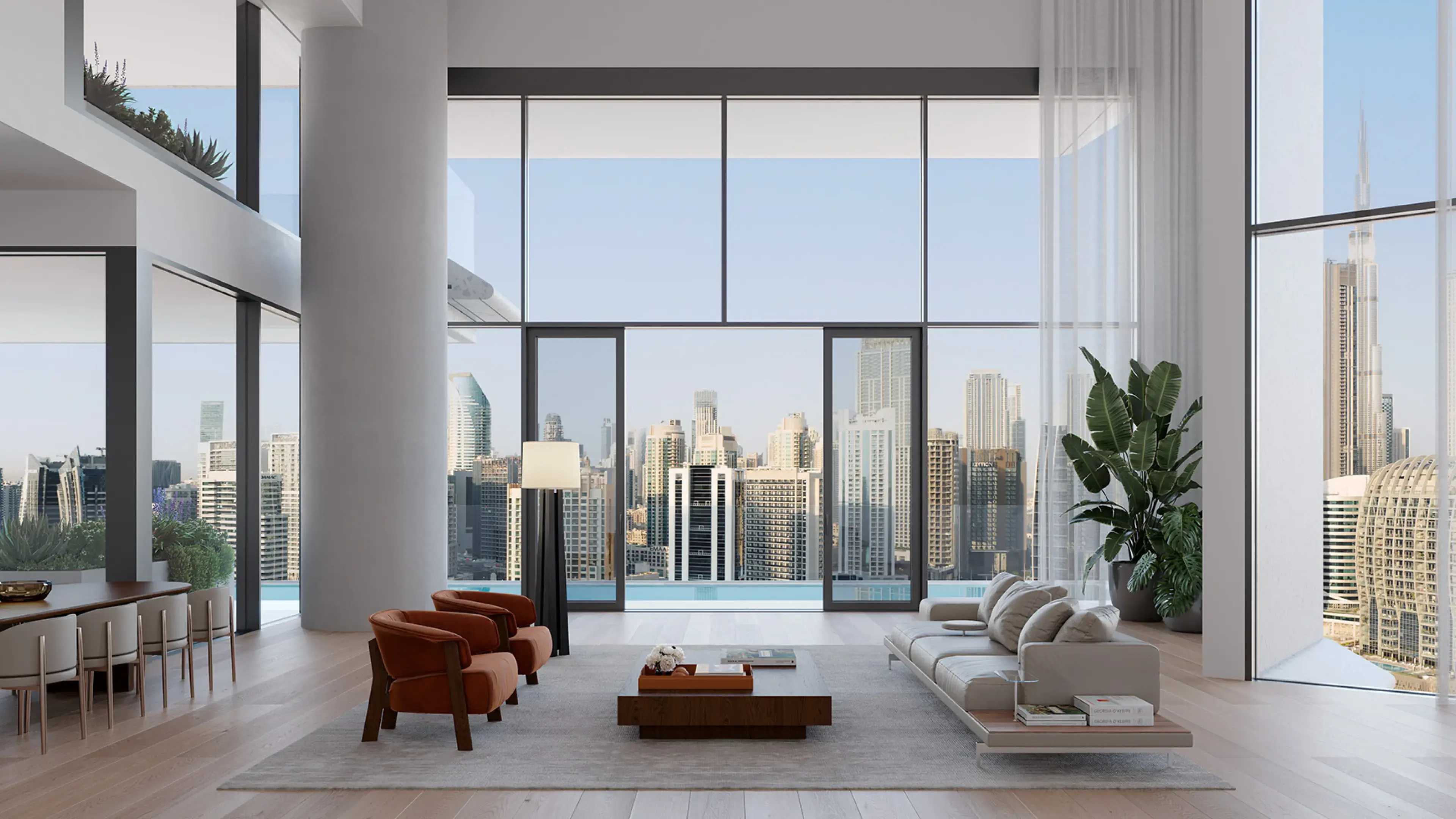 Render of a double-height living room with floor-to-ceiling glass, a terrace pool and the Burj Khalifa outside