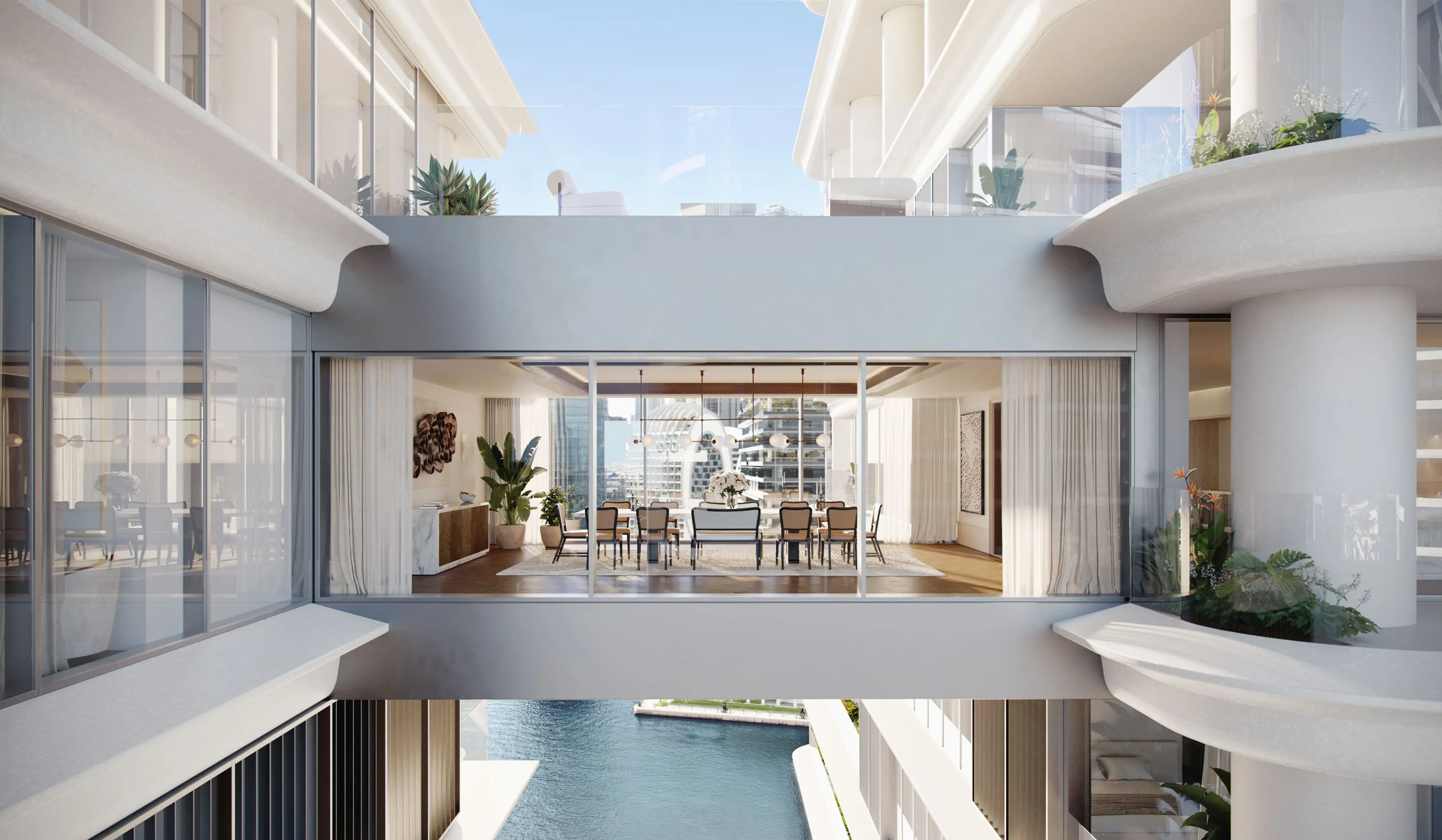 Render of a dining room inside a glass bridge between two towers, with water far below