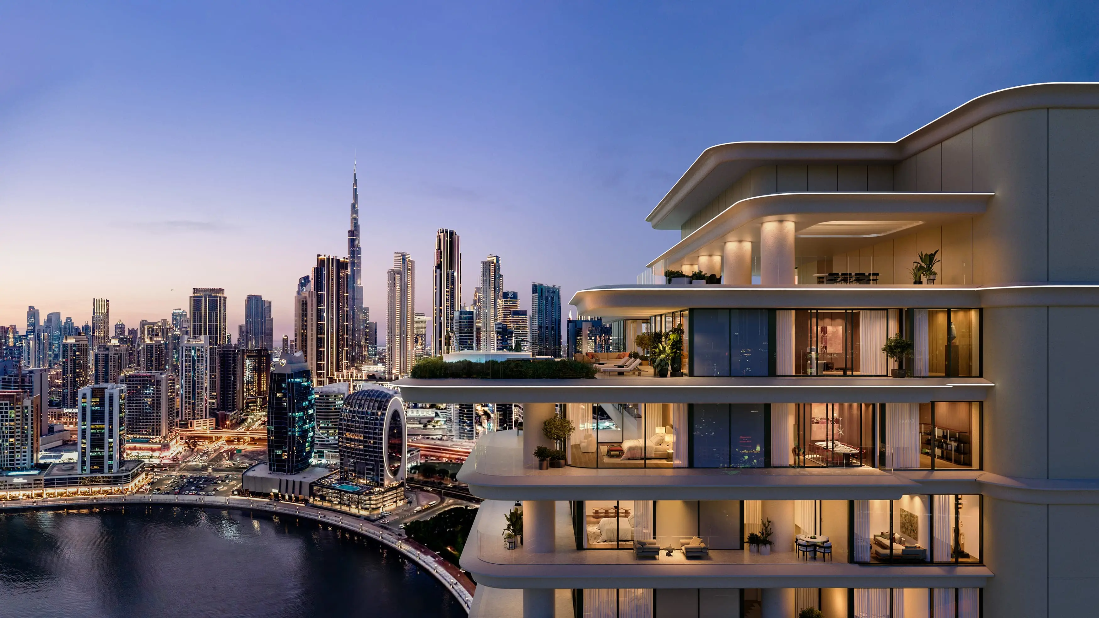 Render of Vela Viento's top-floor terraces at dusk, lit rooms behind glass, with the Burj Khalifa and Downtown across the water