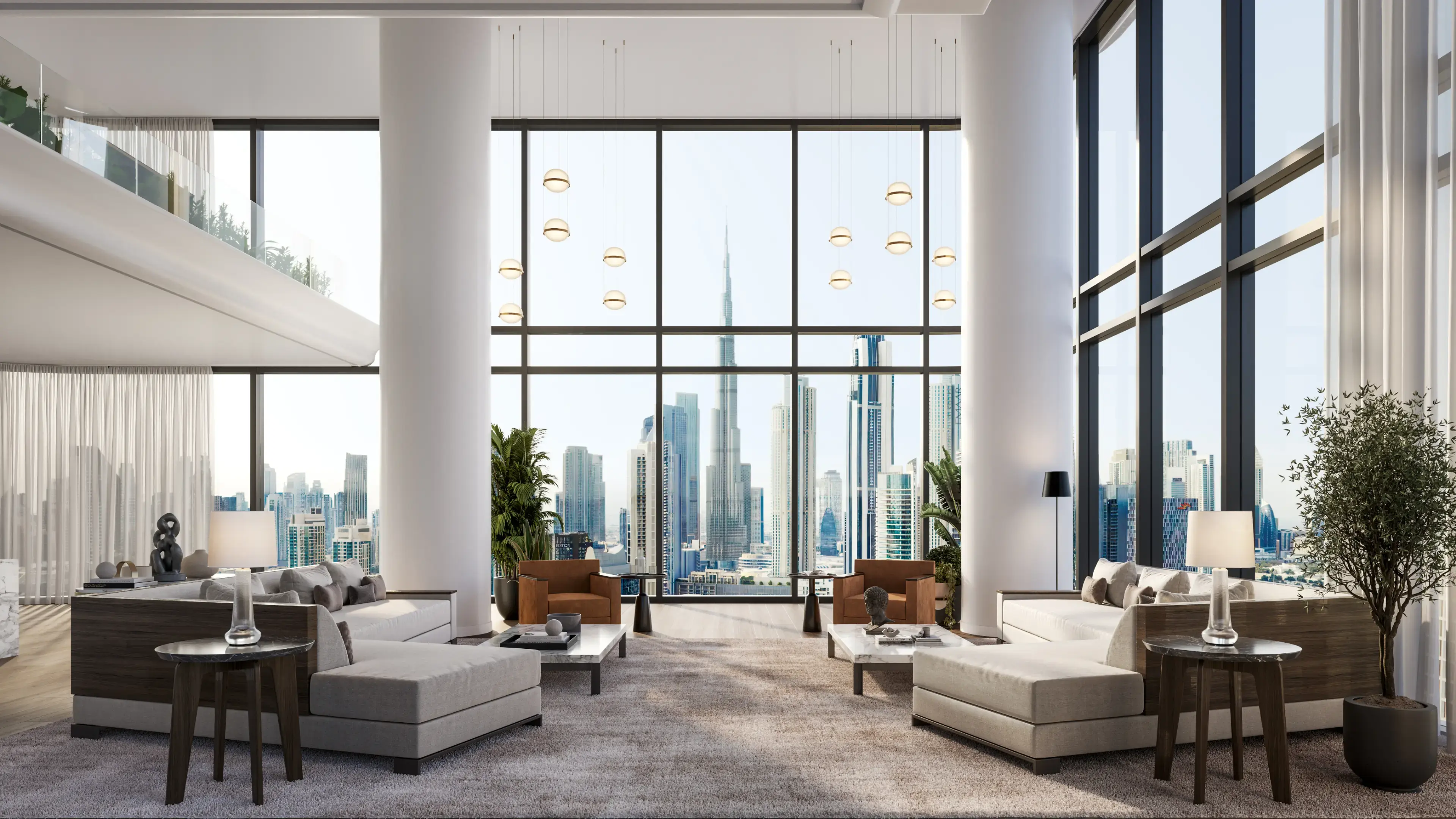 Render of a double-height living room with two columns and full-height windows facing the Burj Khalifa