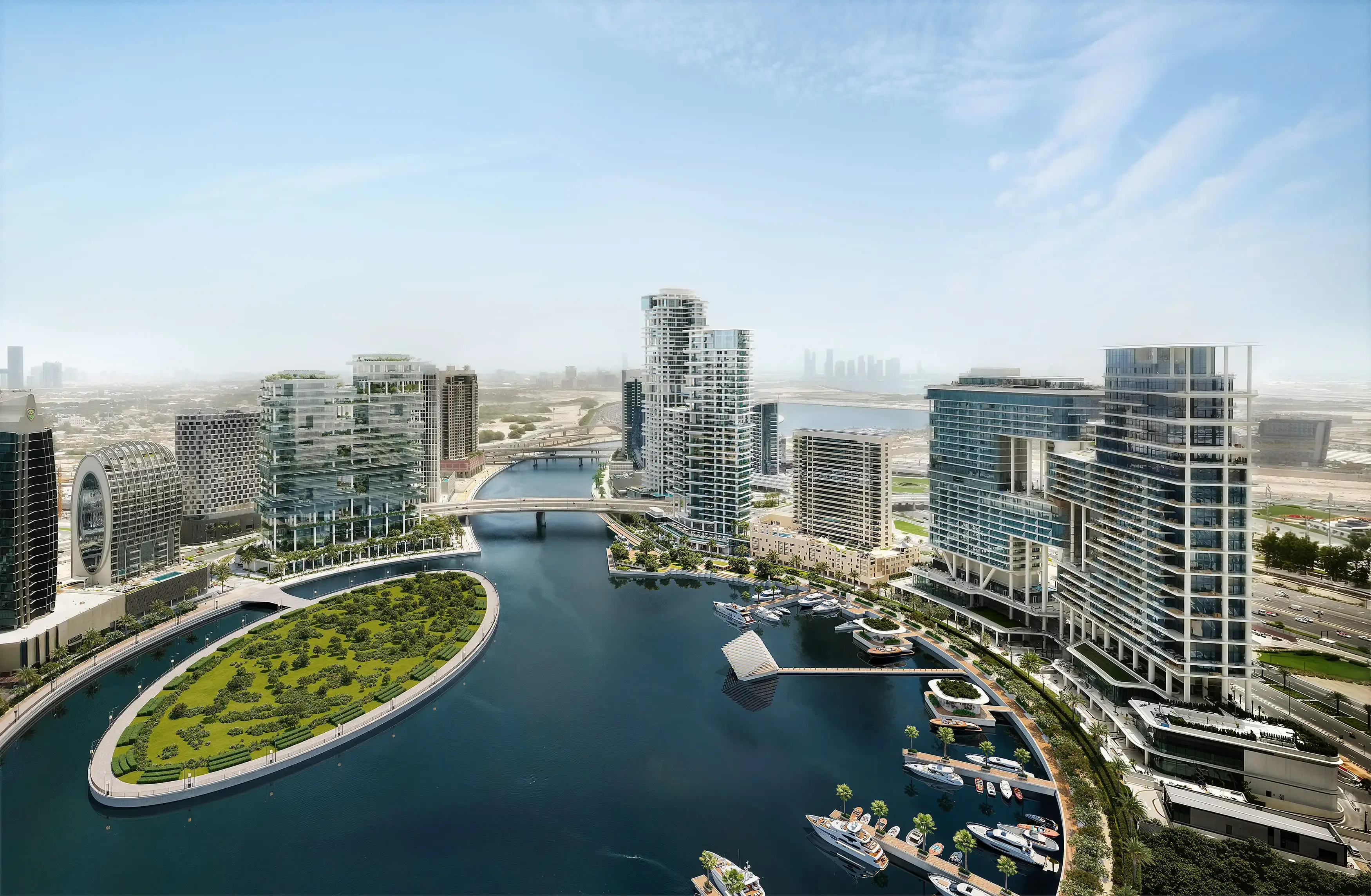 Aerial render of Marasi Bay by day: a planted oval island, yachts in the marina and towers along the water
