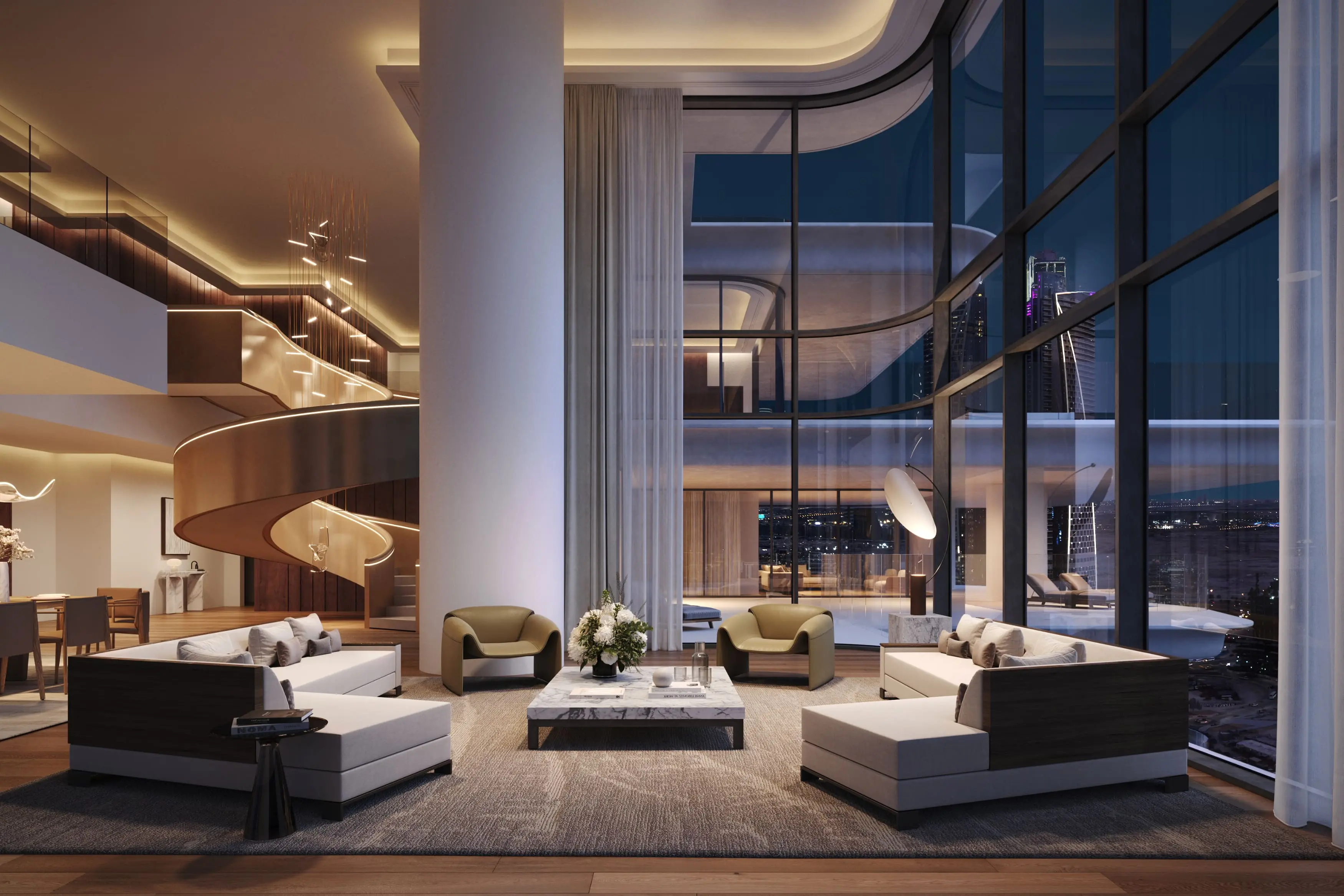 Render of a double-height living room at night, with a curved staircase, a gallery level and city lights outside