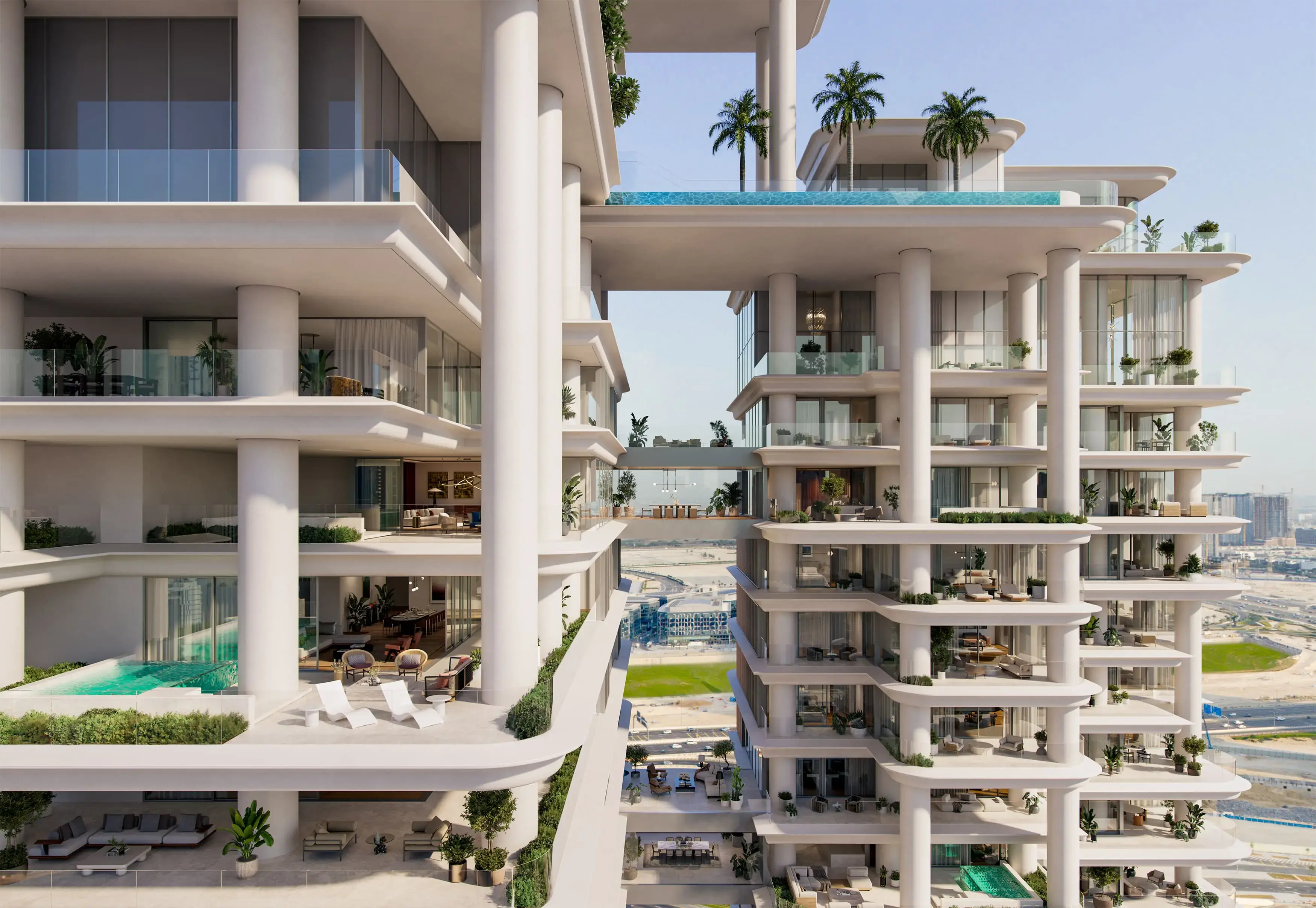 Render of two white towers joined by bridges, an infinity-edge pool with palms on the upper bridge and terrace pools below