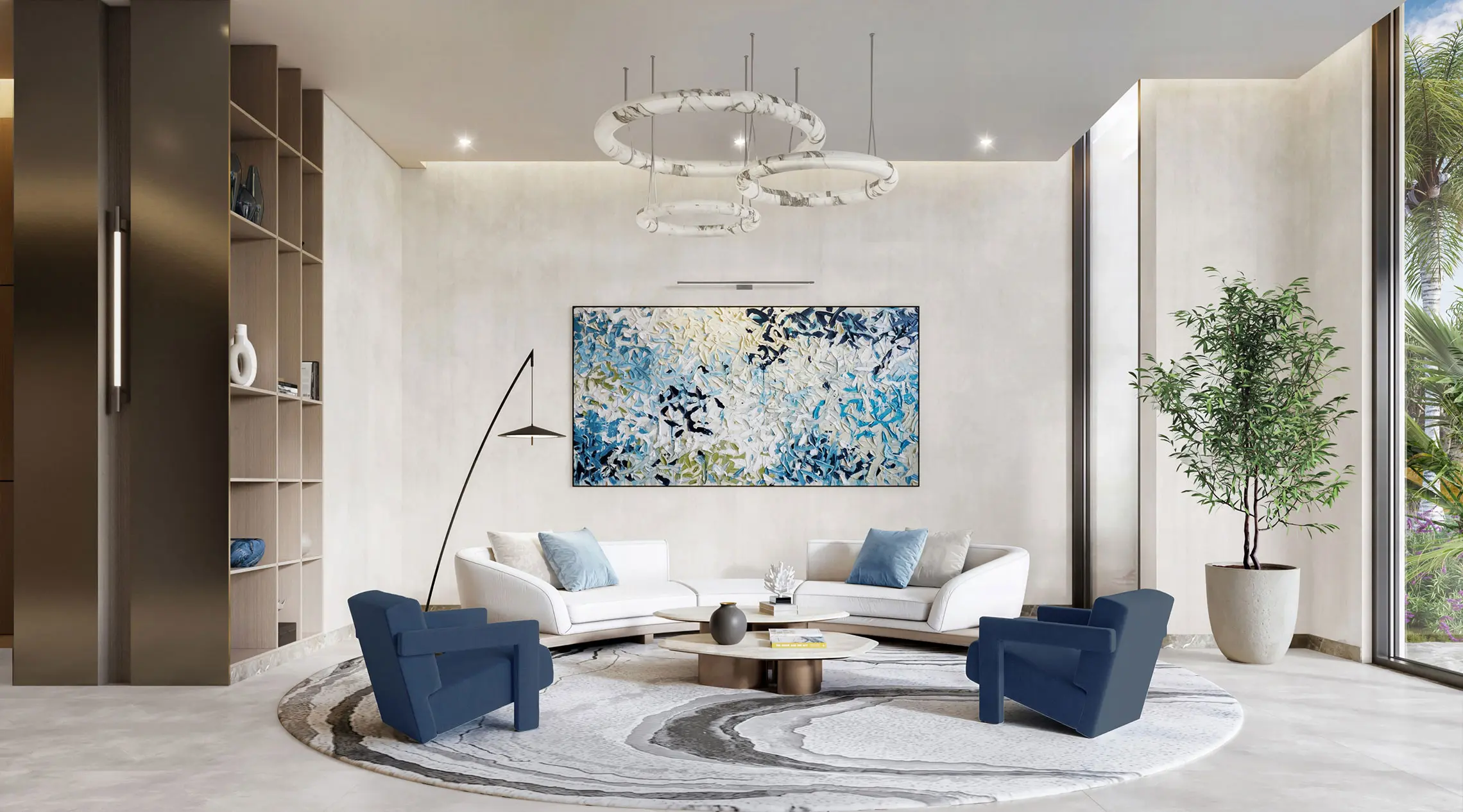 Render of a lobby lounge with a curved white sofa, two blue armchairs and a large blue abstract painting