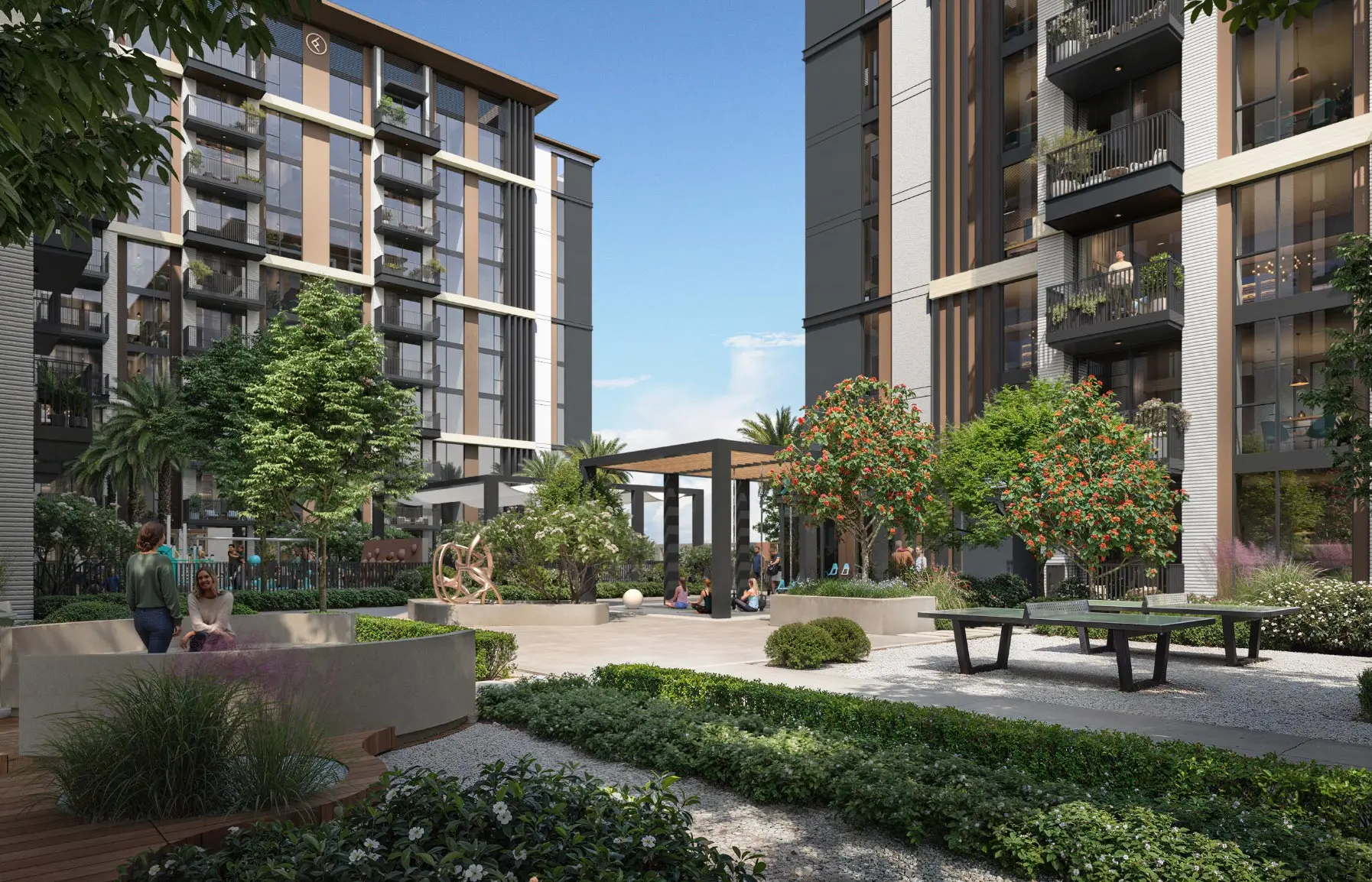 Render of a podium garden with table tennis tables, flowering trees and a pergola between apartment blocks