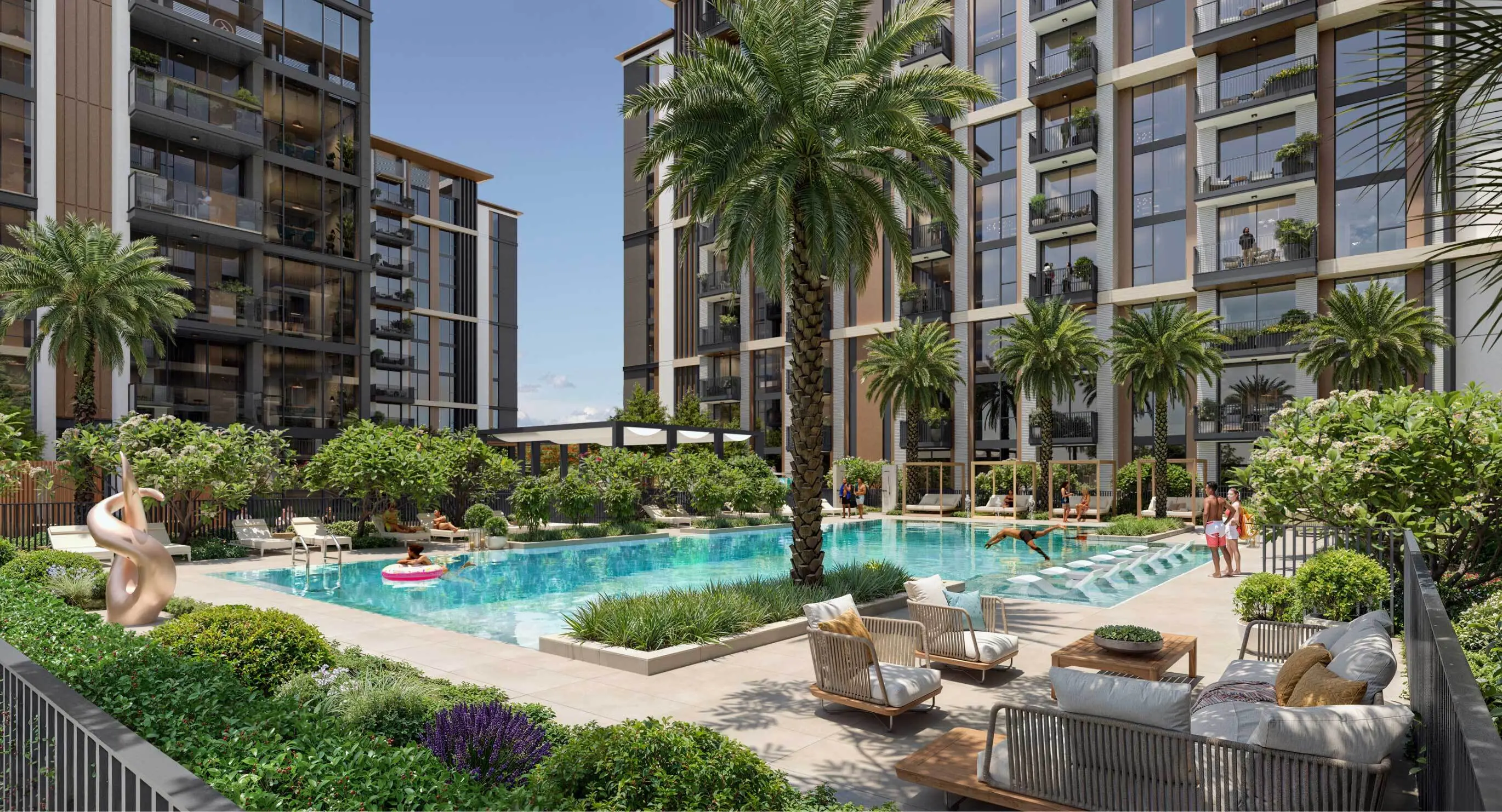 Render of a courtyard pool with in-water loungers, a tall palm and outdoor sofas between apartment blocks