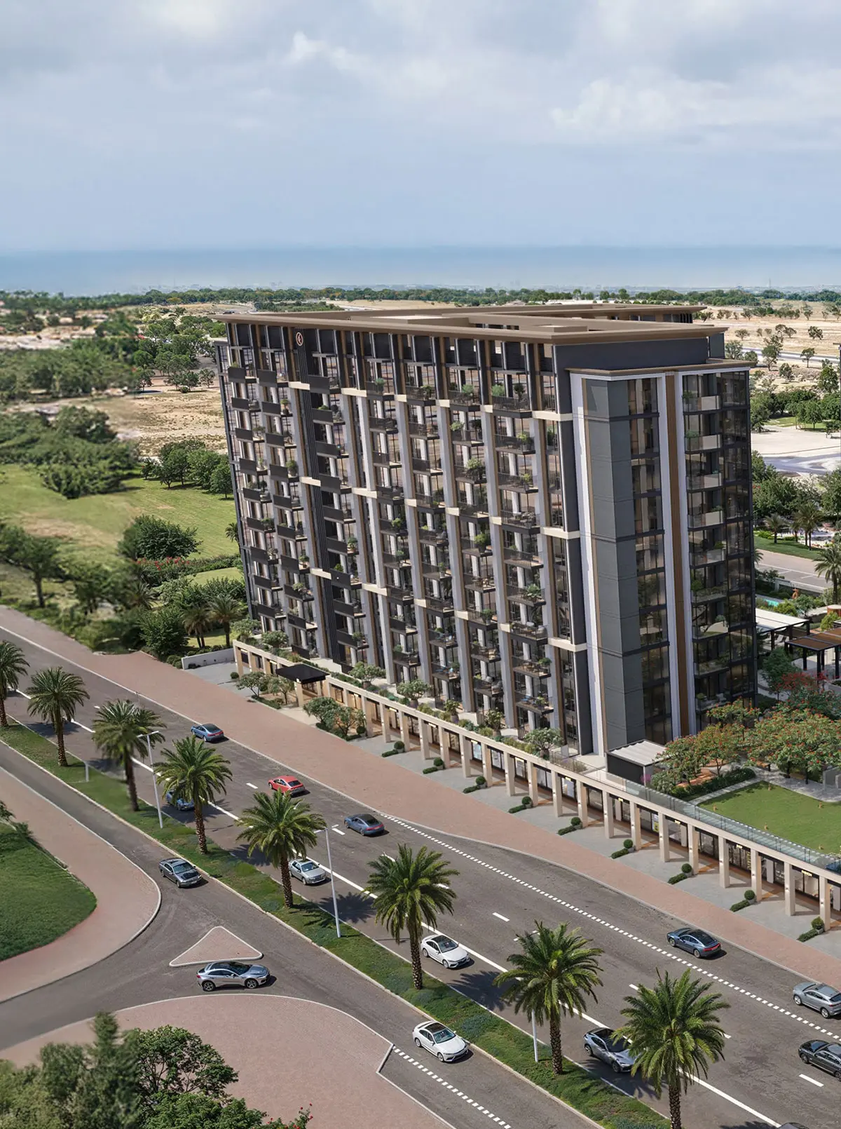 Aerial render of Windsor House II beside a palm-lined road, with a colonnade of shops at street level and the sea on the horizon