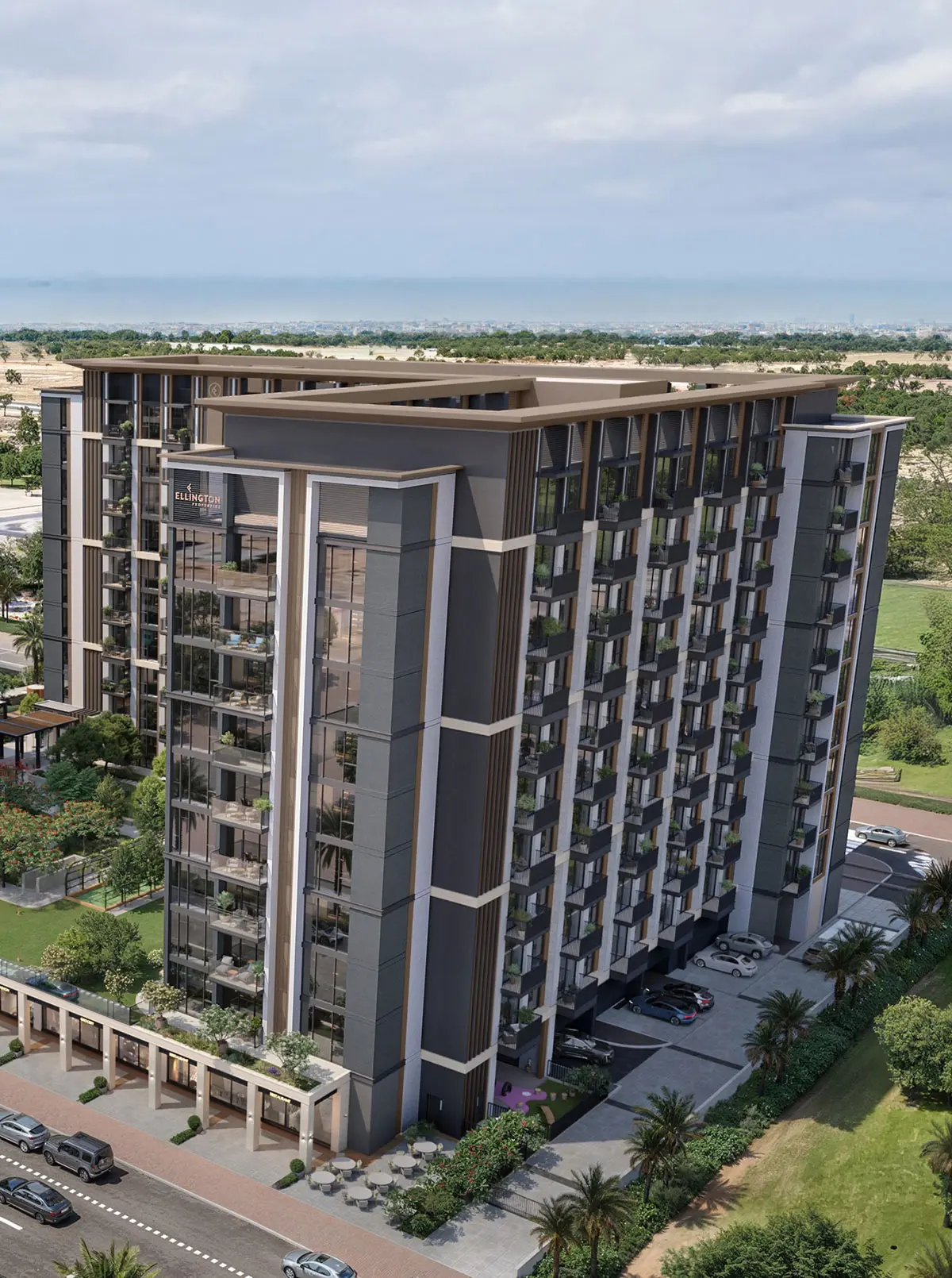 Aerial render of Windsor House II from the corner, its car park entrance and street-level shops beside landscaped verges