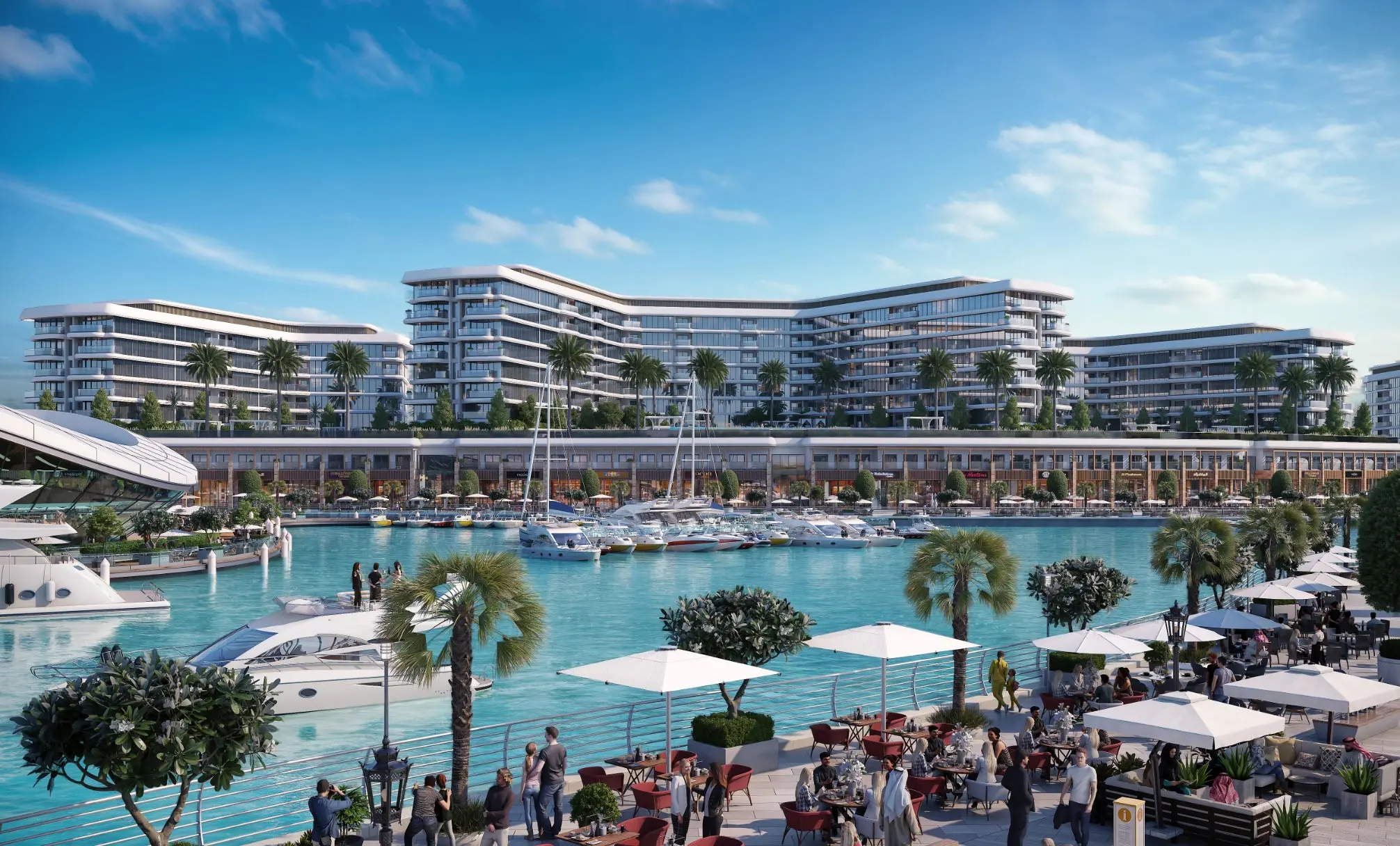 Render of Yachtside's three blocks across the marina basin, with sailing boats and yachts moored in front and a café plaza in the foreground