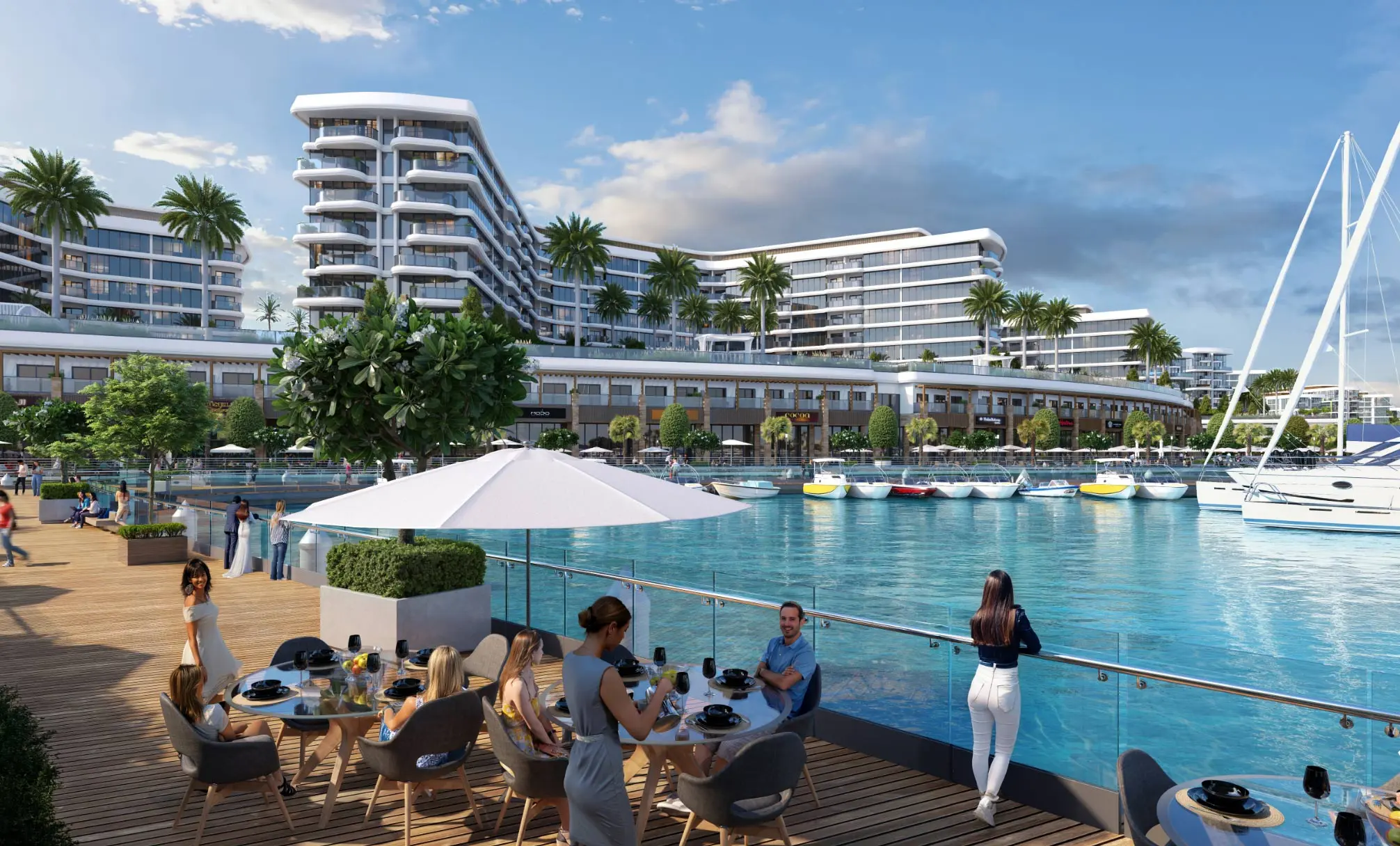 Render of diners at tables on a timber deck beside the marina, with sailing-boat masts and the blocks behind