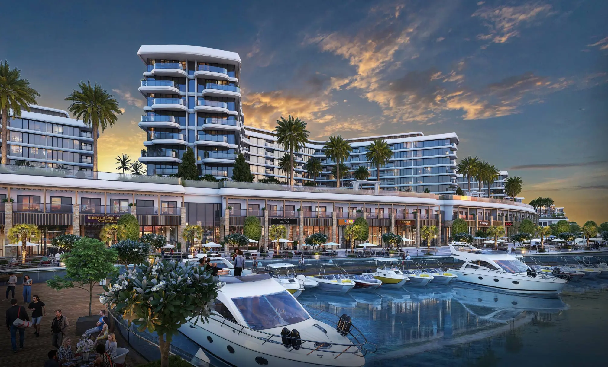 Render at dusk of a wing end with stacked curved balconies above the waterfront arcade, with motorboats moored below